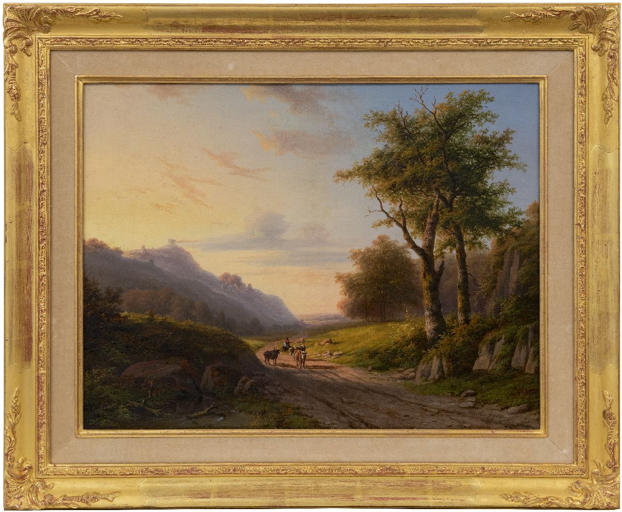 Vijver W.S.P. van der | Willem Simon Petrus van der Vijver | Schilderijen te koop aangeboden | Heuvellandschap met herder in de namiddag   (alleen tezamen met pendant), olieverf op doek 39,6 x 52,5 cm, gesigneerd rechtsonder en gedateerd 1851
