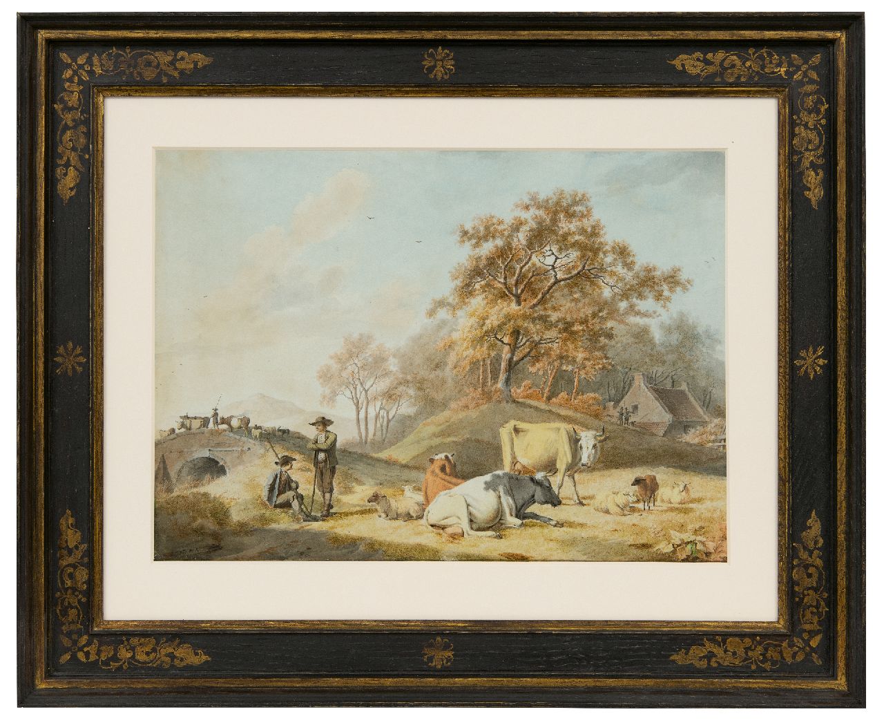 Koekkoek B.C.  | Barend Cornelis Koekkoek | Aquarellen en tekeningen te koop aangeboden | Arcadisch landschap met herders en vee, inkt en aquarel op papier 26,7 x 37,5 cm, gesigneerd linksonder en te dateren ca 1820-23