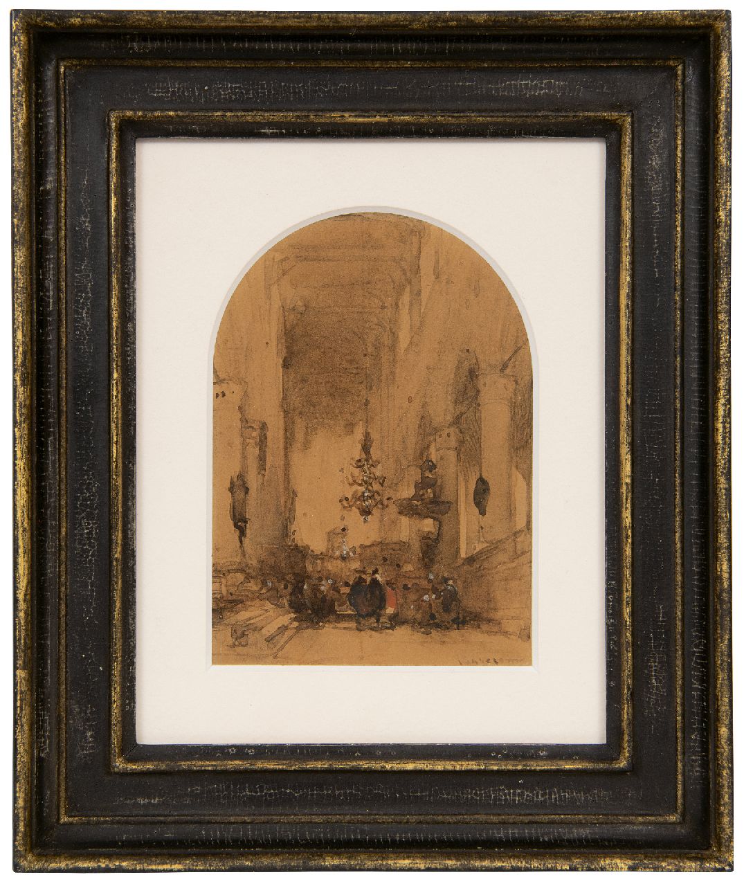 Bosboom J.  | Johannes Bosboom | Aquarellen en tekeningen te koop aangeboden | Figuren in de Pieterskerk, Leiden, inkt en aquarel op papier 11,9 x 8,4 cm, gesigneerd rechtsonder