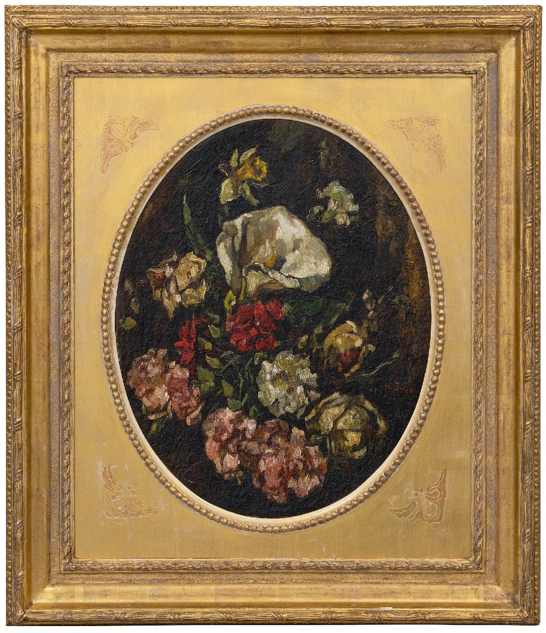 Zwart W.H.P.J. de | Wilhelmus Hendrikus Petrus Johannes 'Willem' de Zwart | Schilderijen te koop aangeboden | Boeket met een aronskelk, narcis en rozen, olieverf op doek 44,2 x 35,3 cm, gesigneerd rechts van het midden Zwart W.H.P.J. de | Wilhelmus Hendrikus Petrus Johannes 'Willem' de Zwart | Schilderijen te koop aangeboden | Boeket met een aronskelk, narcis en rozen, olieverf op doek 44,2 x 35,3 cm, gesigneerd rechts van het midden