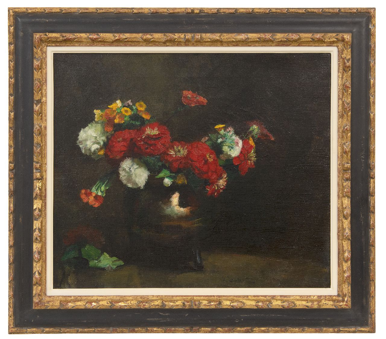Arntzenius P.F.N.J.  | Pieter Florentius Nicolaas Jacobus 'Floris' Arntzenius | Schilderijen te koop aangeboden | Zinnia's in koperen vaas, olieverf op doek 43,0 x 50,4 cm, gesigneerd rechts van het midden