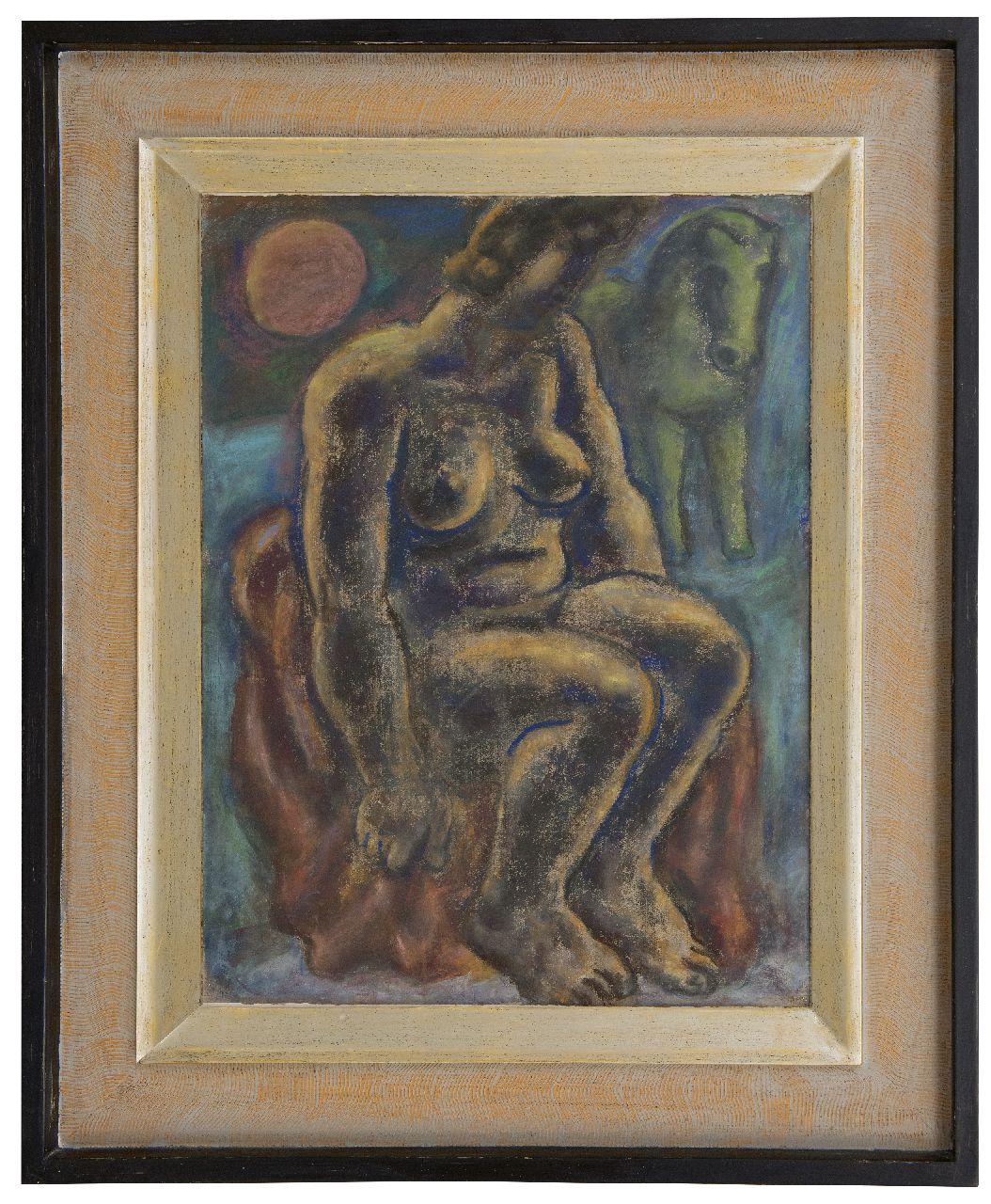 Gestel L.  | Leendert 'Leo' Gestel | Aquarellen en tekeningen te koop aangeboden | Zittende vrouw met paard, pastel op papier 63,0 x 48,0 cm, gesigneerd linksonder (resten) en gedateerd 32 (vaag)