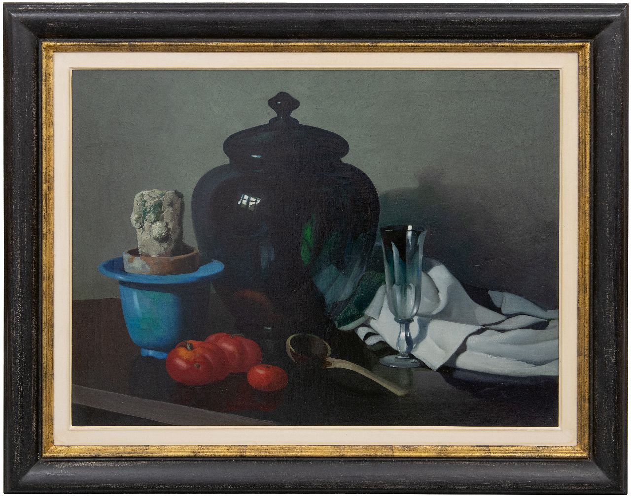 Hoff A.J. van 't | Adrianus Johannes 'Adriaan' van 't Hoff | Schilderijen te koop aangeboden | Stilleven met cactus in een pot, glazen bowl en tomaten, olieverf op doek 56,7 x 75,8 cm Hoff A.J. van 't | Adrianus Johannes 'Adriaan' van 't Hoff | Schilderijen te koop aangeboden | Stilleven met cactus in een pot, glazen bowl en tomaten, olieverf op doek 56,7 x 75,8 cm