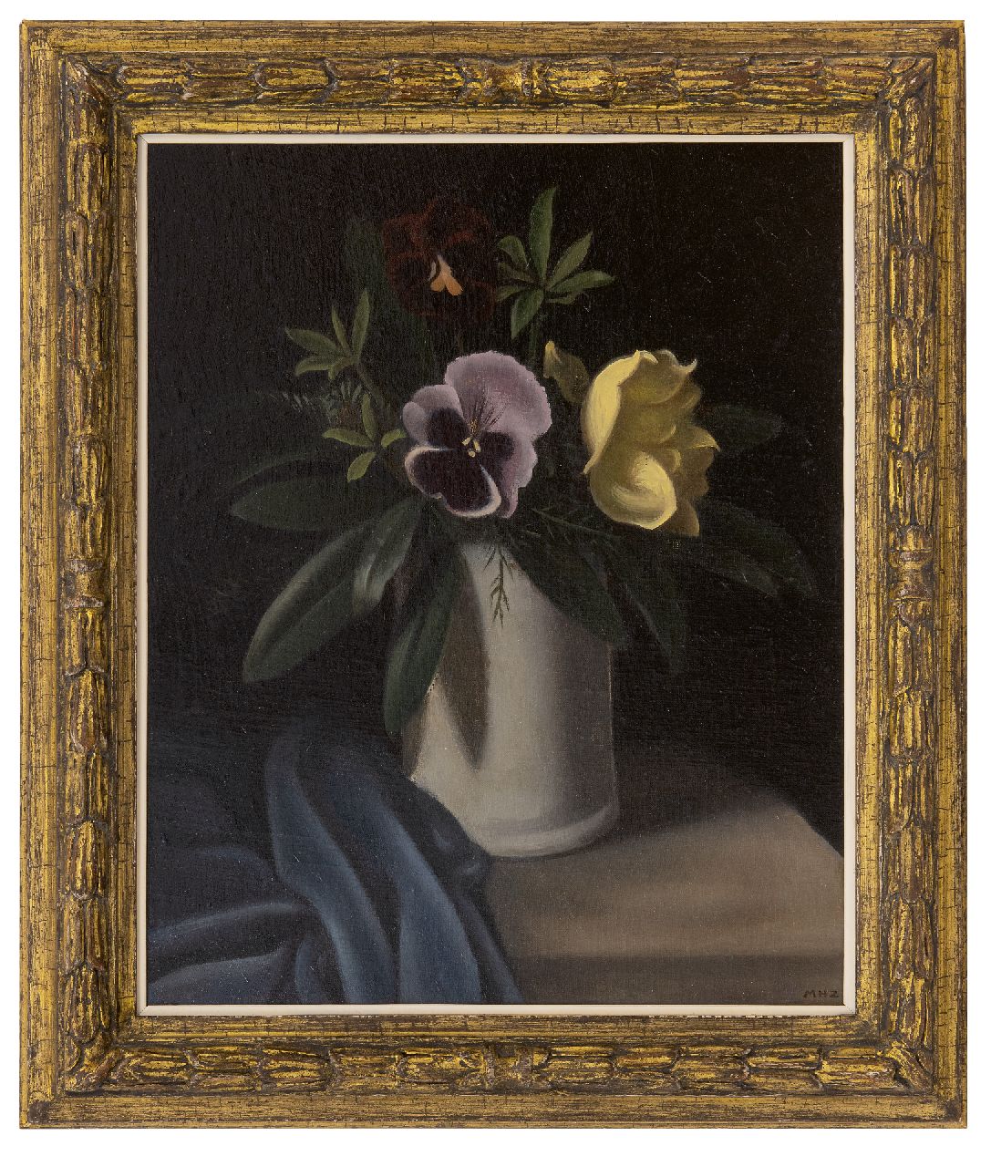 Hynckes-Zahn M. | Marguerite Hynckes-Zahn | Schilderijen te koop aangeboden | Bloemstilleven met viooltje en roos, olieverf op doek op board 42,6 x 33,7 cm, gesigneerd rechtsonder met initialen Hynckes-Zahn M. | Marguerite Hynckes-Zahn | Schilderijen te koop aangeboden | Bloemstilleven met viooltje en roos, olieverf op doek op board 42,6 x 33,7 cm, gesigneerd rechtsonder met initialen