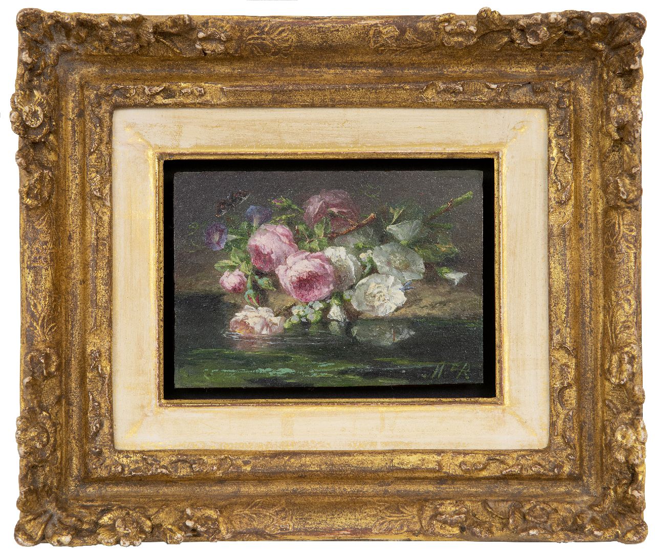 Roosenboom M.C.J.W.H. | 'Margaretha' Cornelia Johanna Wilhelmina Henriëtta Roosenboom, Rozen op de bosgrond, olieverf op paneel 9,0 x 12,9 cm, gesigneerd rechtsonder met initialen Roosenboom M.C.J.W.H. | 'Margaretha' Cornelia Johanna Wilhelmina Henriëtta Roosenboom, Rozen op de bosgrond, olieverf op paneel 9,0 x 12,9 cm, gesigneerd rechtsonder met initialen
