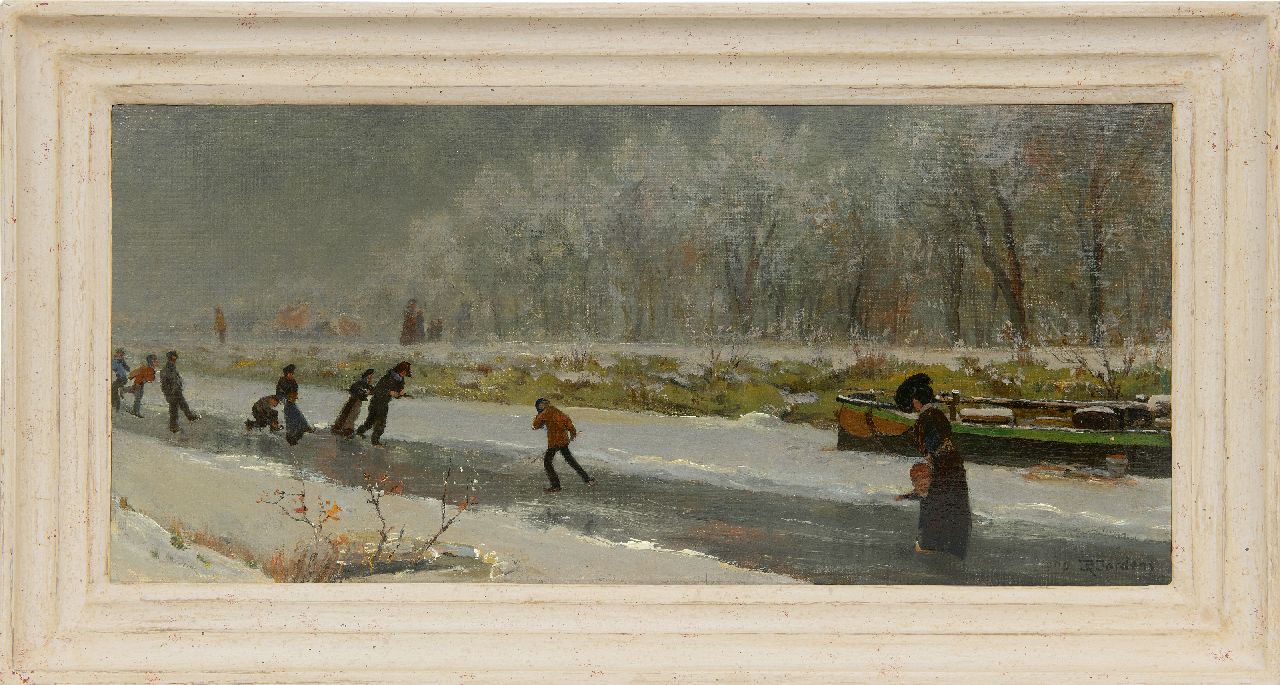 Jordens D.  | Daniël Jordens | Schilderijen te koop aangeboden | Zwierende schaatsers op een vaart, olieverf op doek op board 27,3 x 59,8 cm, gesigneerd rechtsonder en gedateerd 1909