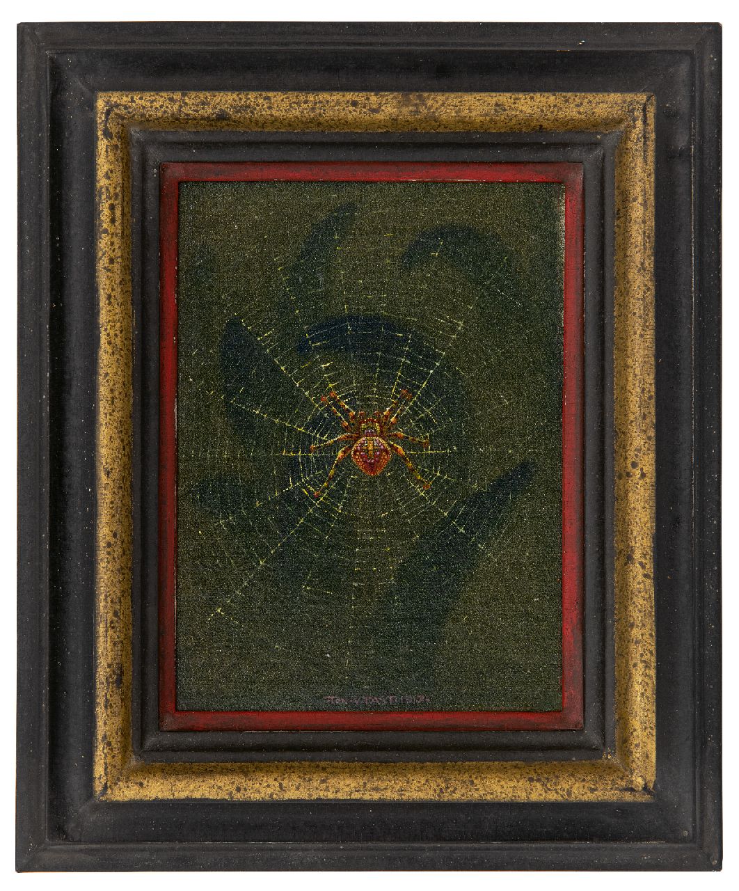 Tast (Anton van der Valk) T. van | Ton van Tast (Anton van der Valk) | Schilderijen te koop aangeboden | Spin in web, olieverf op doek op paneel 17,5 x 13,0 cm, gesigneerd middenonder en gedateerd 1917