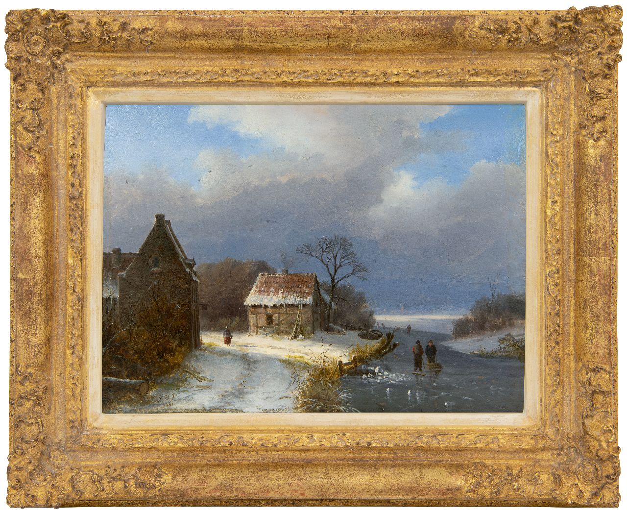Klombeck J.B. | Johann Bernard Klombeck, Winters landschap met schaatsers en houtsprokkelaar, olieverf op paneel 22,9 x 31,3 cm, gesigneerd linksonder met initialen en gedateerd 1841 Klombeck J.B. | Johann Bernard Klombeck, Winters landschap met schaatsers en houtsprokkelaar, olieverf op paneel 22,9 x 31,3 cm, gesigneerd linksonder met initialen en gedateerd 1841