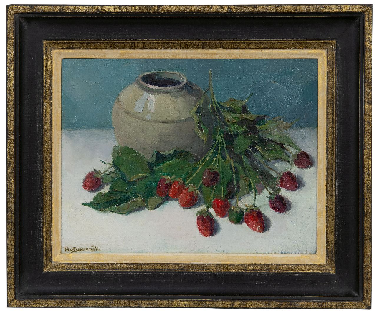 Doornik H. van | Heertje van Doornik, Stilleven van wilde aardbeien en gemberpot, olieverf op schildersboard 24,0 x 31,6 cm, gesigneerd linksonder Doornik H. van | Heertje van Doornik, Stilleven van wilde aardbeien en gemberpot, olieverf op schildersboard 24,0 x 31,6 cm, gesigneerd linksonder