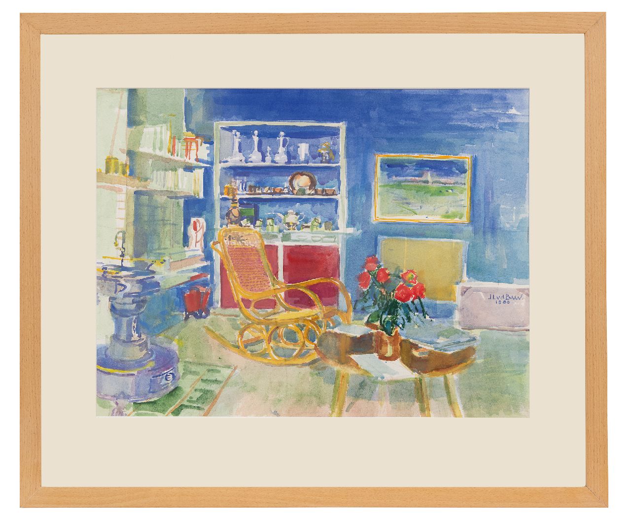 Baan J.L. van der | 'Jan' Lucas van der Baan | Aquarellen en tekeningen te koop aangeboden | Interieur, aquarel op papier 47,0 x 62,5 cm, gesigneerd m.r. en gedateerd 1980