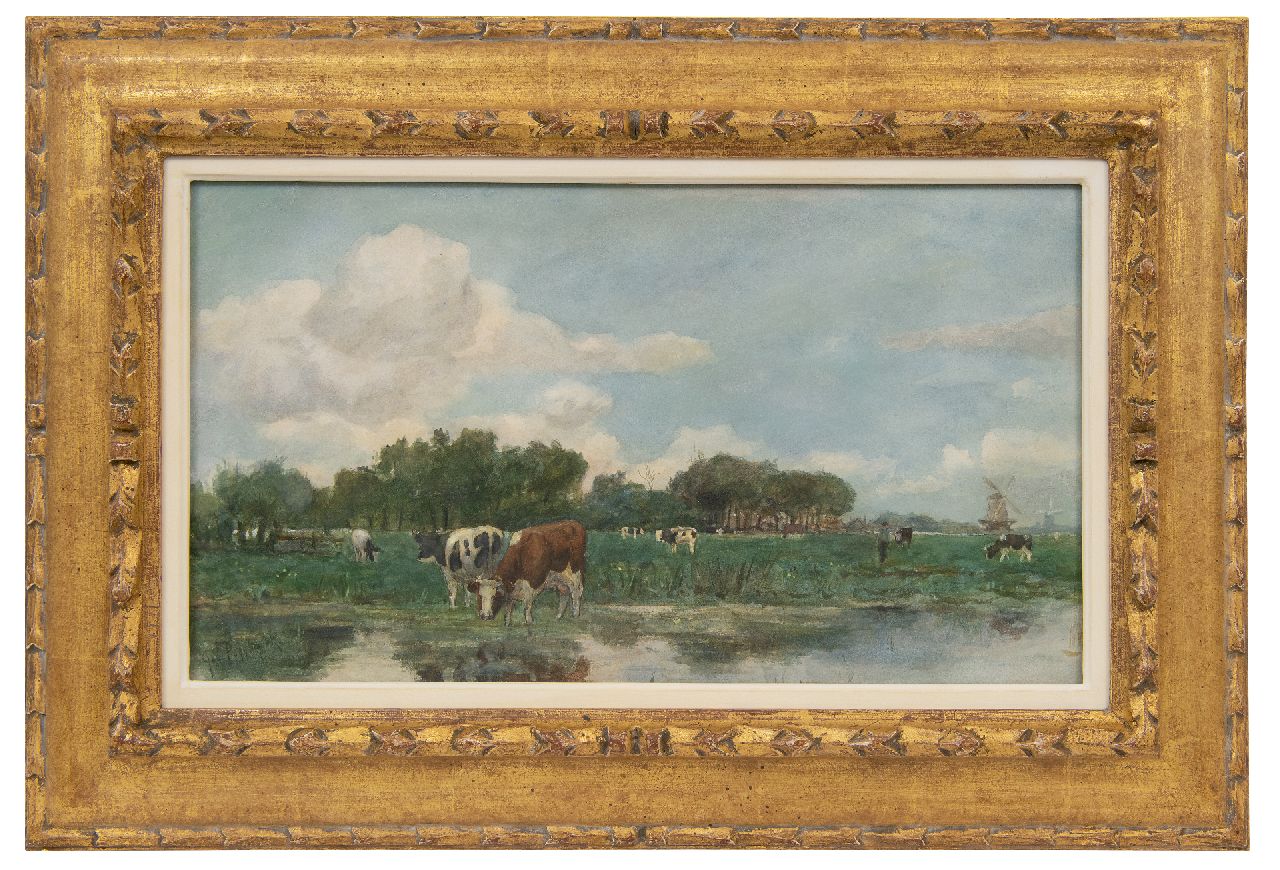 Poggenbeek G.J.H.  | George Jan Hendrik 'Geo' Poggenbeek | Aquarellen en tekeningen te koop aangeboden | Hollands weidelandschap met koeien en molens, aquarel op papier 23,5 x 41,0 cm, gesigneerd linksonder