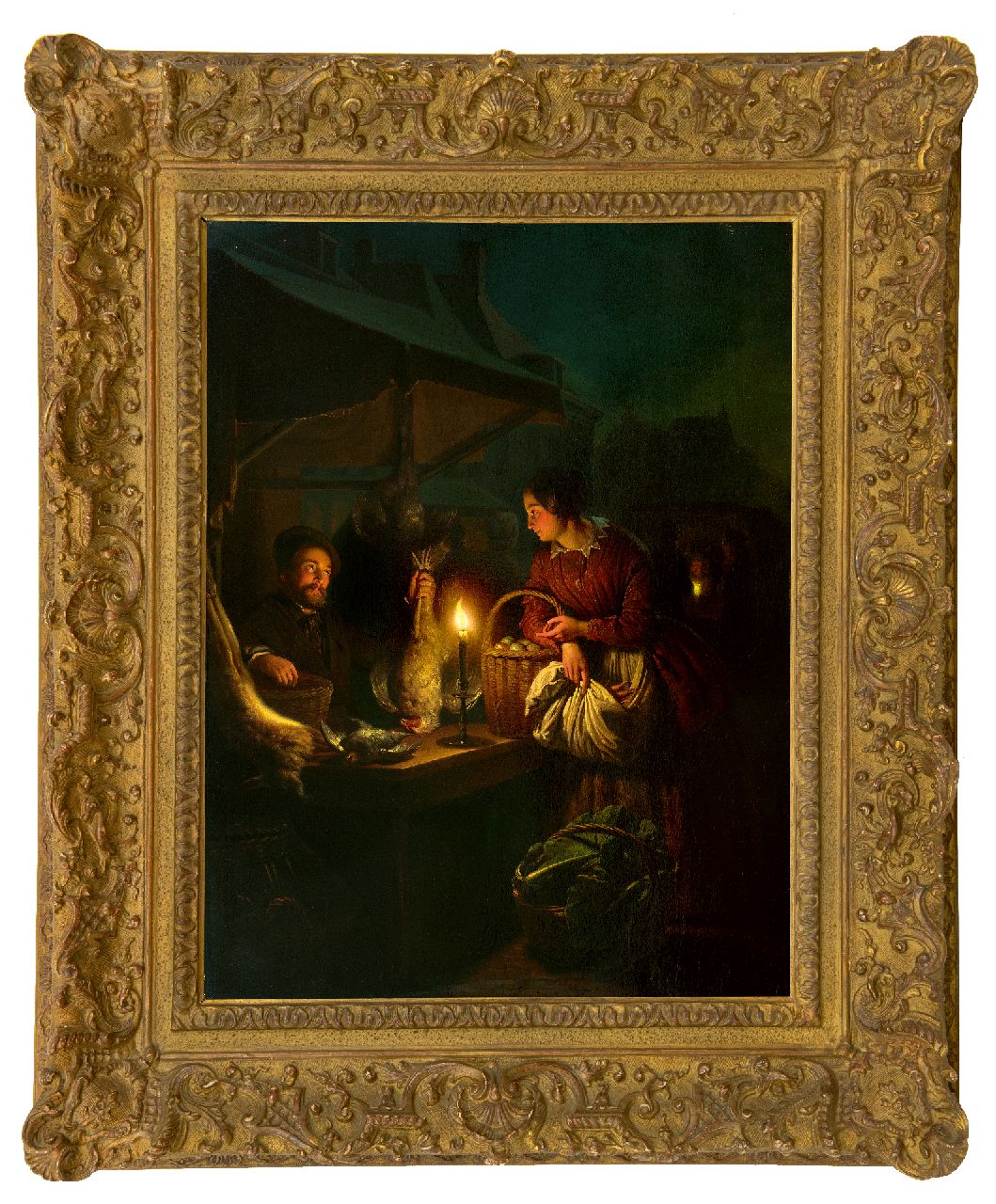 Schendel P. van | Petrus van Schendel, Wild- en gevogelteverkoper bij kaarslicht, olieverf op paneel 57,0 x 42,8 cm, gesigneerd rechtsonder en gedateerd 1856 Schendel P. van | Petrus van Schendel, Wild- en gevogelteverkoper bij kaarslicht, olieverf op paneel 57,0 x 42,8 cm, gesigneerd rechtsonder en gedateerd 1856