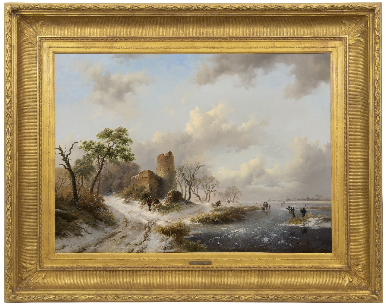 Kruseman F.M.  | Frederik Marinus Kruseman | Schilderijen te koop aangeboden | Winterlandschap met schaatsers en houtsprokkelaars bij een ruïne, olieverf op paneel 58,5 x 79,2 cm, gesigneerd linksonder en gedateerd 1845