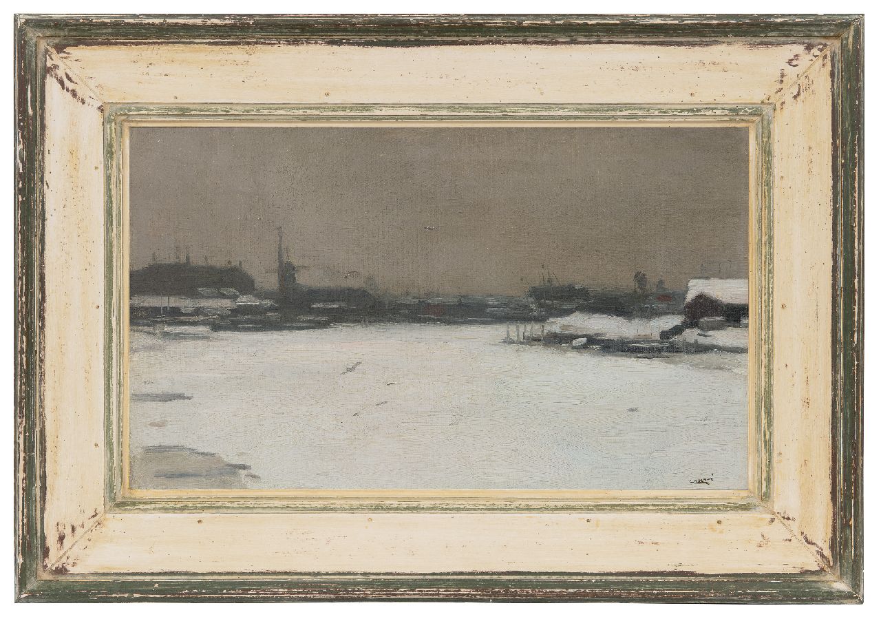 Noltee B.C. | Bernardus Cornelis 'Cor' Noltee | Schilderijen te koop aangeboden | Riviergezicht in de winter, olieverf op doek 30,5 x 49,2 cm, gesigneerd rechtsonder Noltee B.C. | Bernardus Cornelis 'Cor' Noltee | Schilderijen te koop aangeboden | Riviergezicht in de winter, olieverf op doek 30,5 x 49,2 cm, gesigneerd rechtsonder