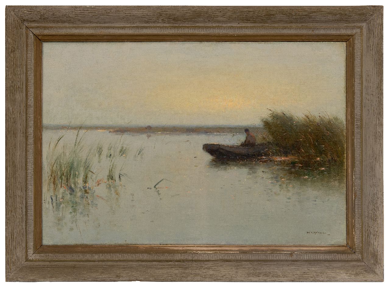 Knikker A. | Aris Knikker | Schilderijen te koop aangeboden | Polderlandschap met visser in een schuit, olieverf op doek 40,2 x 60,2 cm, gesigneerd rechtsonder Knikker A. | Aris Knikker | Schilderijen te koop aangeboden | Polderlandschap met visser in een schuit, olieverf op doek 40,2 x 60,2 cm, gesigneerd rechtsonder