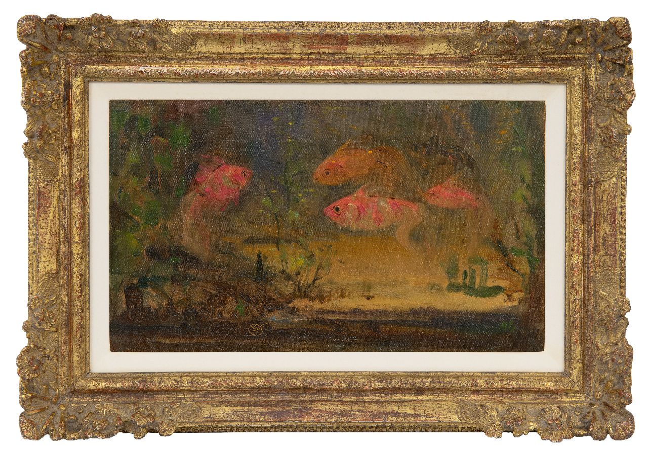 Dijsselhof G.W. | Gerrit Willem Dijsselhof, Sluierstaartvissen, olieverf op doek op board 19,1 x 31,6 cm, gesigneerd linksonder met monogram Dijsselhof G.W. | Gerrit Willem Dijsselhof, Sluierstaartvissen, olieverf op doek op board 19,1 x 31,6 cm, gesigneerd linksonder met monogram