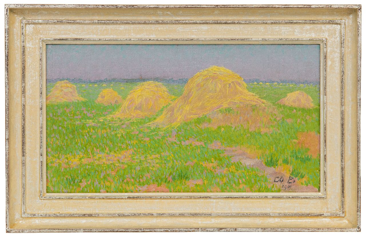 Breman A.J. | Ahazueros Jacobus 'Co' Breman | Schilderijen te koop aangeboden | Hooischelven op 't land, olieverf op doek 20,2 x 36,5 cm, gesigneerd rechtsonder met initialen en gedateerd 1901 Breman A.J. | Ahazueros Jacobus 'Co' Breman | Schilderijen te koop aangeboden | Hooischelven op 't land, olieverf op doek 20,2 x 36,5 cm, gesigneerd rechtsonder met initialen en gedateerd 1901