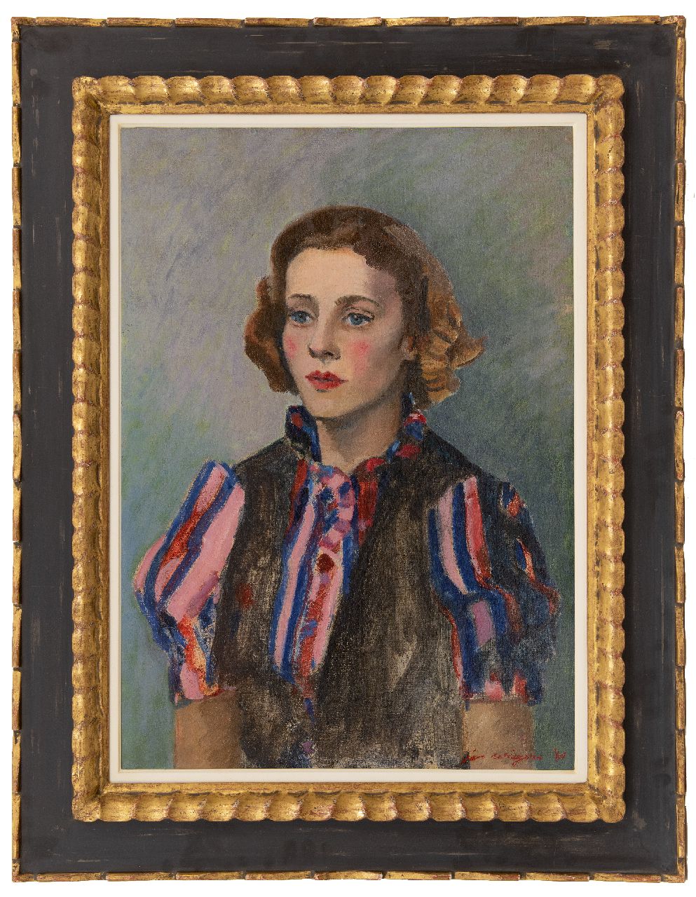 Wiegers J. | Jan Wiegers | Schilderijen te koop aangeboden | Vrouw in gestreepte blouse, olieverf op doek 65,1 x 46,1 cm, gesigneerd rechtsonder en gedateerd '40 Wiegers J. | Jan Wiegers | Schilderijen te koop aangeboden | Vrouw in gestreepte blouse, olieverf op doek 65,1 x 46,1 cm, gesigneerd rechtsonder en gedateerd '40