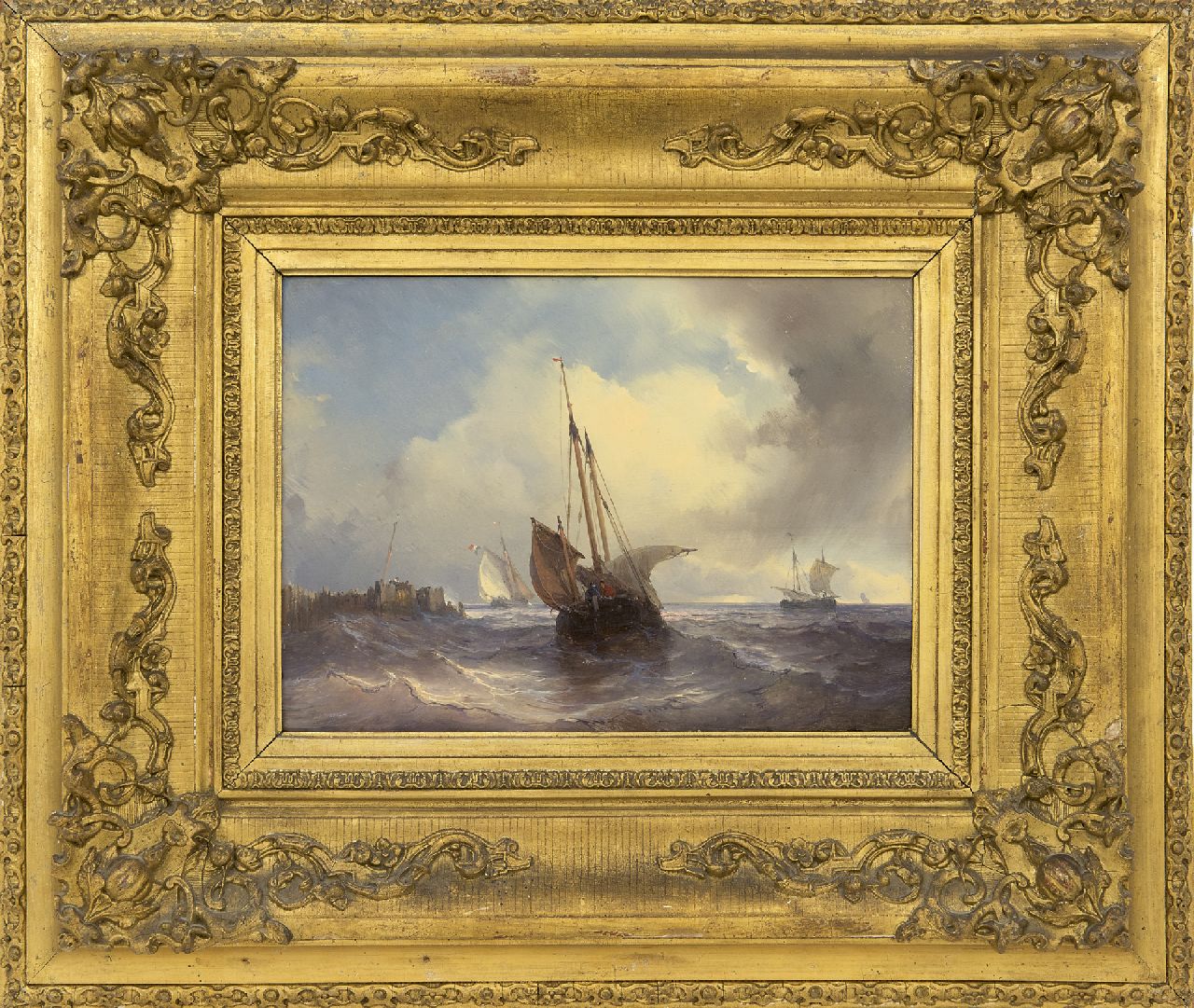 Meijer J.H.L. | Johan Hendrik 'Louis' Meijer, Zeilschepen op ruwe zee, olieverf op paneel 18,8 x 25,7 cm, gesigneerd rechtsonder Meijer J.H.L. | Johan Hendrik 'Louis' Meijer, Zeilschepen op ruwe zee, olieverf op paneel 18,8 x 25,7 cm, gesigneerd rechtsonder