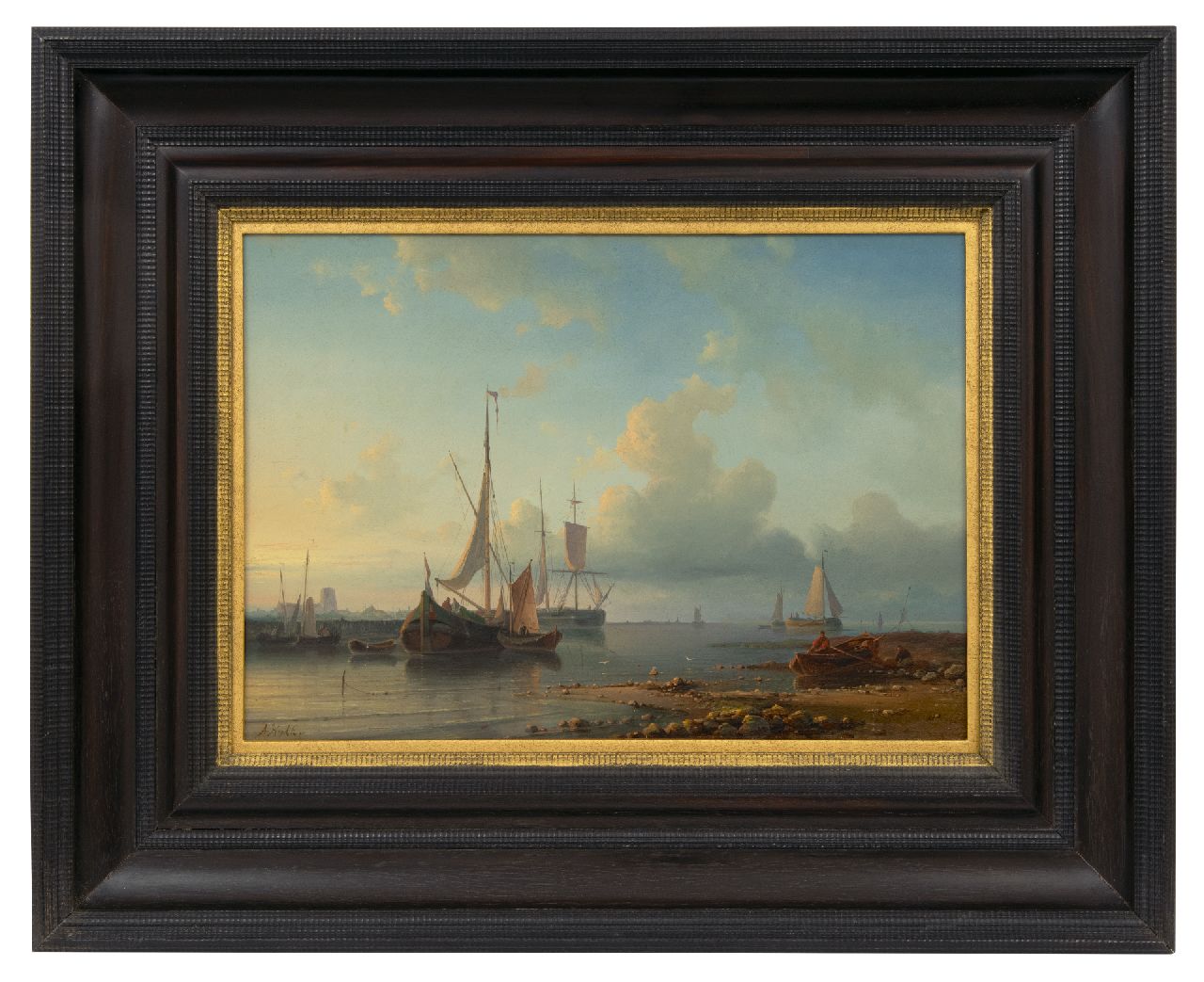 Hulk A. | Abraham Hulk, Schepen voor anker op kalm water, olieverf op paneel 30,7 x 44,1 cm, gesigneerd linksonder Hulk A. | Abraham Hulk, Schepen voor anker op kalm water, olieverf op paneel 30,7 x 44,1 cm, gesigneerd linksonder