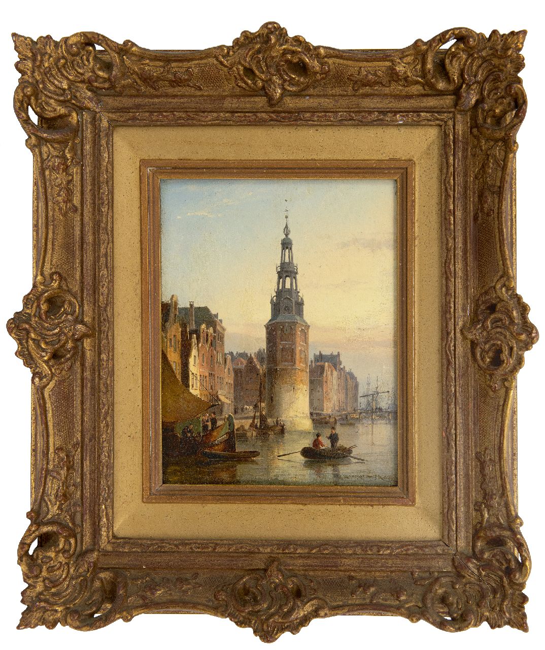 Dommelshuizen C.C.  | Cornelis Christiaan Dommelshuizen | Schilderijen te koop aangeboden | Gezicht op de Montelbaanstoren, Amsterdam, olieverf op paneel 20,9 x 15,9 cm, gesigneerd rechtsonder en gedateerd 1874