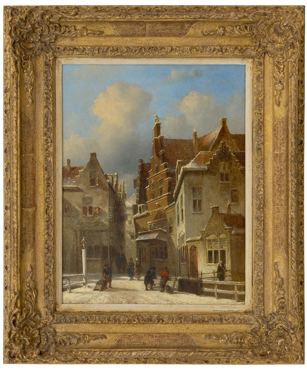 Vertin P.G.  | Petrus Gerardus Vertin | Schilderijen te koop aangeboden | Besneeuwd stadsgezicht met figuren op een brug, olieverf op paneel 35,0 x 27,1 cm, gesigneerd rechtsonder en gedateerd '43