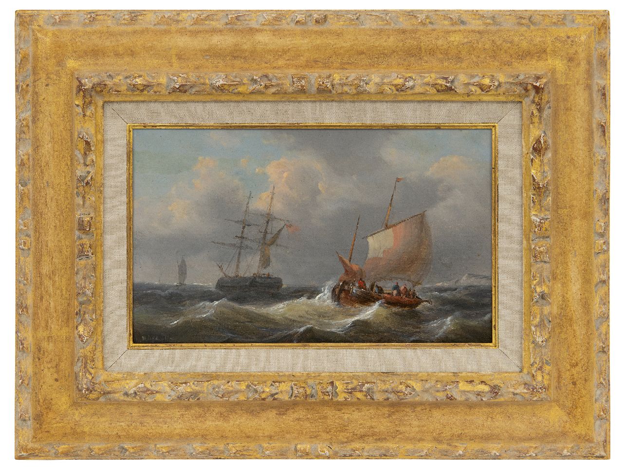 Opdenhoff G.W. | Witzel 'George Willem' Opdenhoff | Schilderijen te koop aangeboden | Zeilschepen op ruwe zee, olieverf op paneel 14,6 x 23,4 cm, gesigneerd linksonder Opdenhoff G.W. | Witzel 'George Willem' Opdenhoff | Schilderijen te koop aangeboden | Zeilschepen op ruwe zee, olieverf op paneel 14,6 x 23,4 cm, gesigneerd linksonder