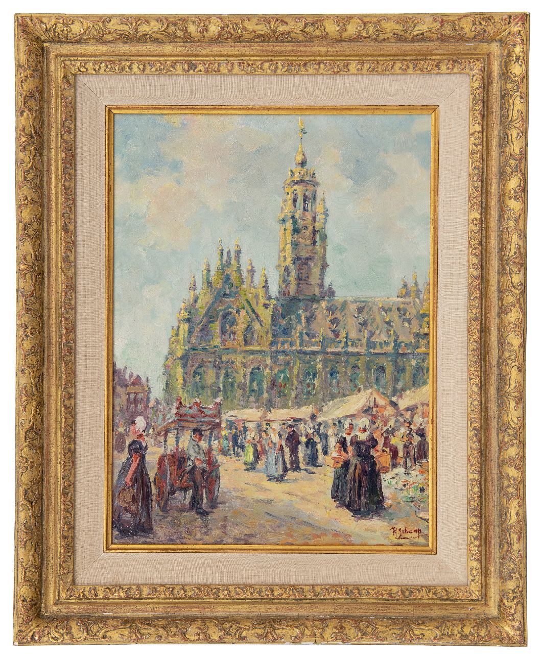 Schaap H. | Hendrik Schaap | Schilderijen te koop aangeboden | Markt bij het stadhuis van Middelburg, olieverf op schildersboard 40,7 x 30,8 cm, gesigneerd rechtsonder Schaap H. | Hendrik Schaap | Schilderijen te koop aangeboden | Markt bij het stadhuis van Middelburg, olieverf op schildersboard 40,7 x 30,8 cm, gesigneerd rechtsonder