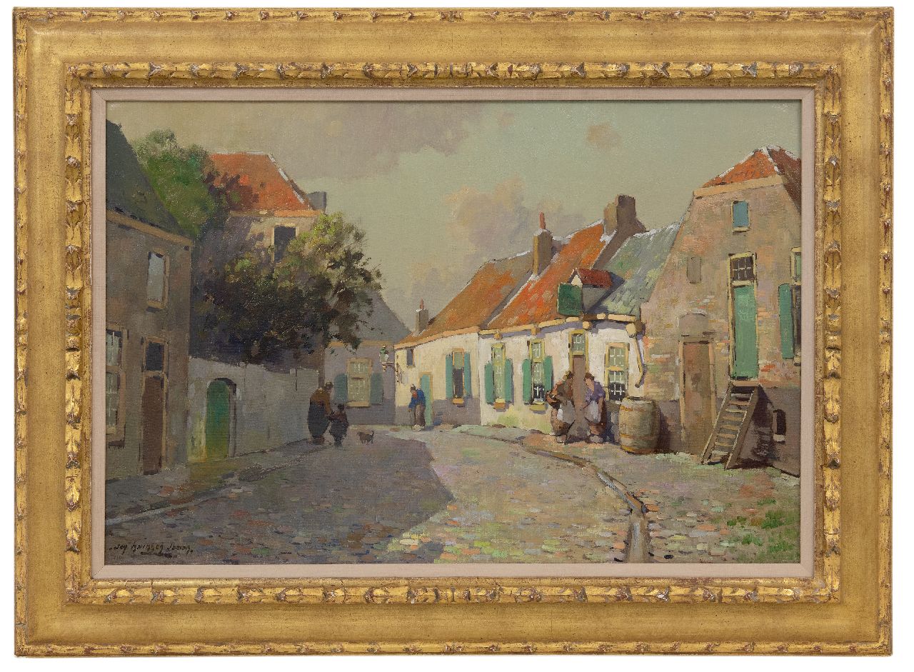Knikker jr. J.S.  | 'Jan' Simon  Knikker jr. | Schilderijen te koop aangeboden | Zonnig dorpsgezicht met figuren, olieverf op doek 40,7 x 60,5 cm, gesigneerd linksonder