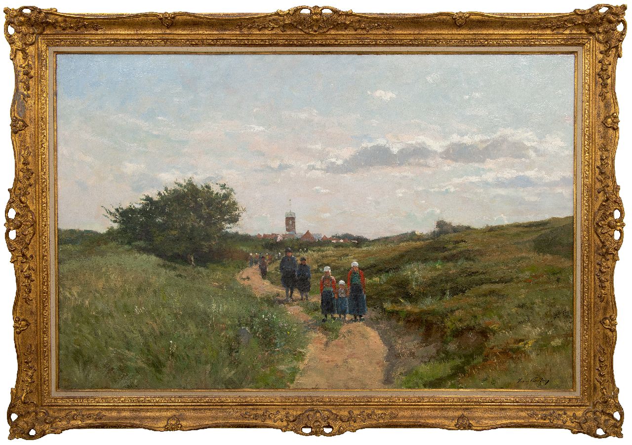 Courtens F.  | Franz Courtens | Schilderijen te koop aangeboden | Gezicht op het eiland Marken met kerkgangers op weg naar huis, olieverf op doek 88,4 x 136,3 cm, gesigneerd rechtsonder