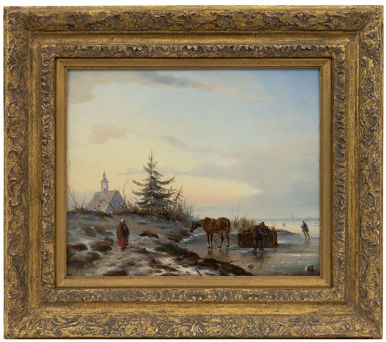 Ahrendts C.E.  | Carl Eduard Ahrendts, Paard en slee op het ijs, olieverf op paneel 27,8 x 24,4 cm, gesigneerd linksonder en gedateerd 1846