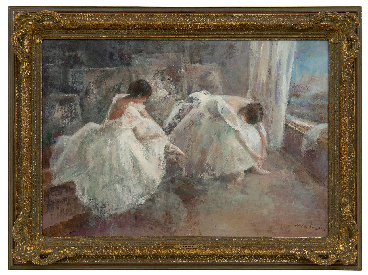 Vrbová-Štefková M. | Miroslava Vrbová-Štefková | Schilderijen te koop aangeboden | Ballerina's in een atelier, olieverf op board 45,0 x 65,0 cm, gesigneerd rechtsonder (onduidelijk) en zonder lijst Vrbová-Štefková M. | Miroslava Vrbová-Štefková | Schilderijen te koop aangeboden | Ballerina's in een atelier, olieverf op board 45,0 x 65,0 cm, gesigneerd rechtsonder (onduidelijk) en zonder lijst
