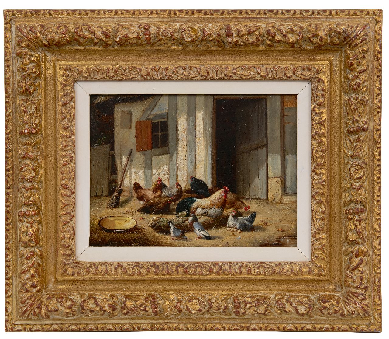 Maes E.R.  | Eugène Remy Maes, Haan en kippen op het boerenerf, olieverf op paneel 17,8 x 24,0 cm, 1860