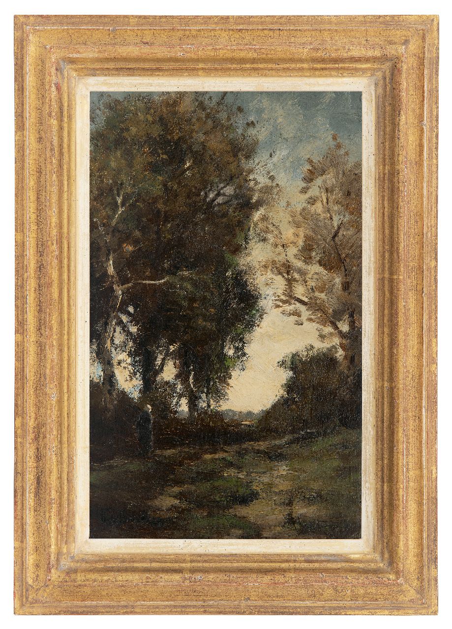 Bock T.E.A. de | Théophile Emile Achille de Bock, Boerenvrouw op een bebost pad, olieverf op paneel 32,9 x 20,5 cm, gesigneerd linksonder Bock T.E.A. de | Théophile Emile Achille de Bock, Boerenvrouw op een bebost pad, olieverf op paneel 32,9 x 20,5 cm, gesigneerd linksonder
