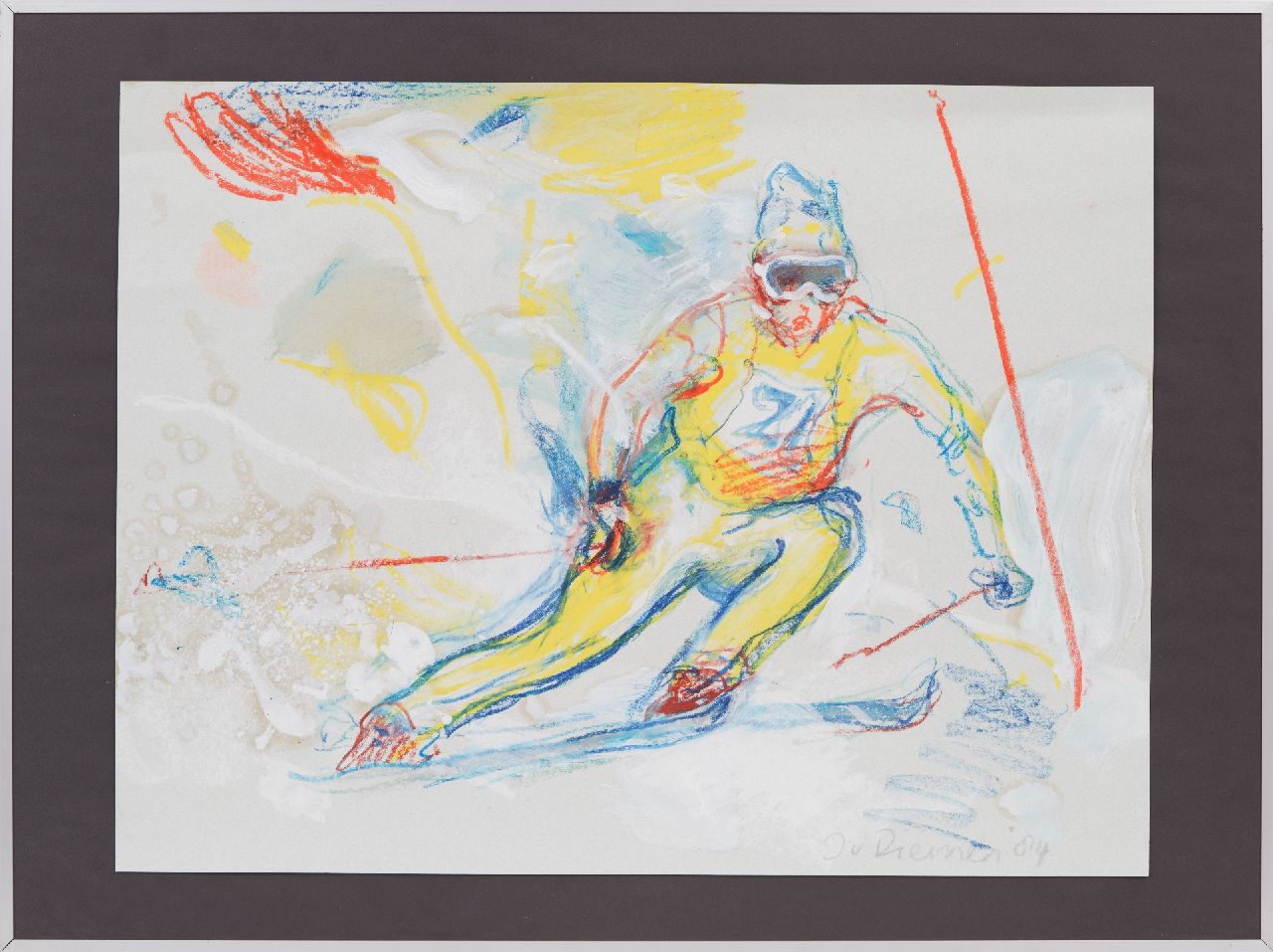 Diemen J. van | Jan van Diemen, Slalom skiër, gouache en krijt op papier 50,0 x 65,0 cm, gesigneerd rechtsonder en gedateerd '84 Diemen J. van | Jan van Diemen, Slalom skiër, gouache en krijt op papier 50,0 x 65,0 cm, gesigneerd rechtsonder en gedateerd '84