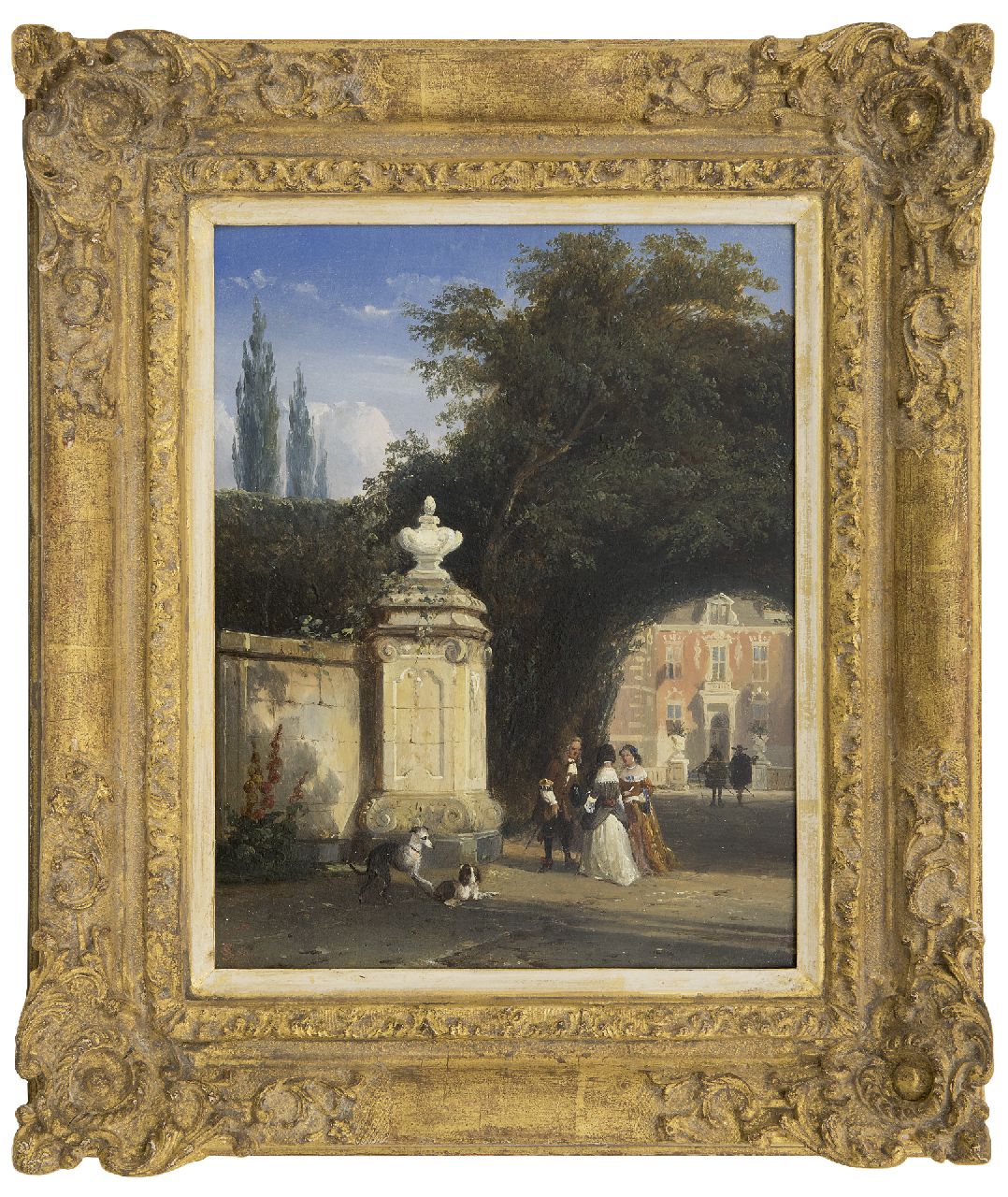 Springer C. | Cornelis Springer, Elegant gezelschap bij de poort van Kasteel Nederhorst 'Bommelstein', olieverf op paneel 25,6 x 20,1 cm, gesigneerd linksonder met monogram en gedateerd '48 Springer C. | Cornelis Springer, Elegant gezelschap bij de poort van Kasteel Nederhorst 'Bommelstein', olieverf op paneel 25,6 x 20,1 cm, gesigneerd linksonder met monogram en gedateerd '48