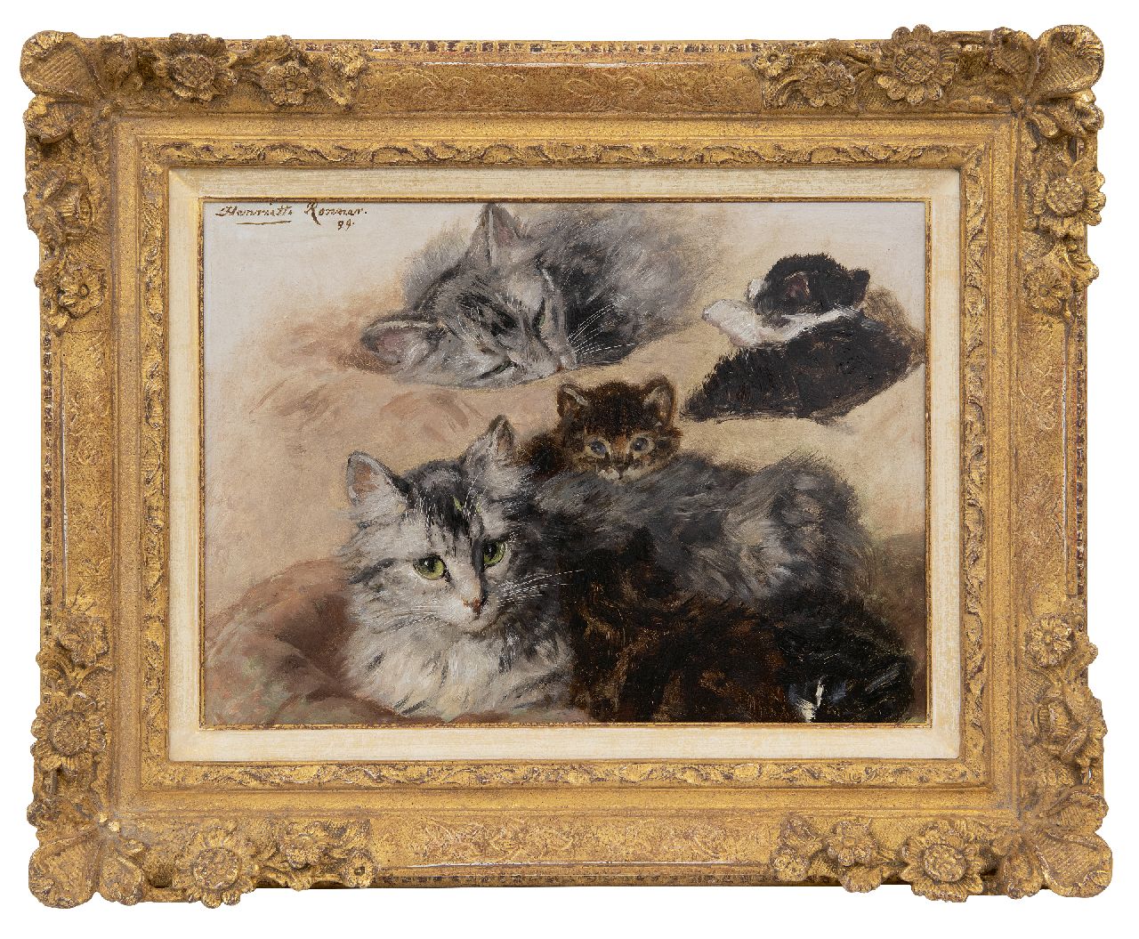 Ronner-Knip H. | Henriette Ronner-Knip, Studie van poes en kittens, olieverf op paneel 27,7 x 37,4 cm, gesigneerd linksboven en gedateerd '99 Ronner-Knip H. | Henriette Ronner-Knip, Studie van poes en kittens, olieverf op paneel 27,7 x 37,4 cm, gesigneerd linksboven en gedateerd '99