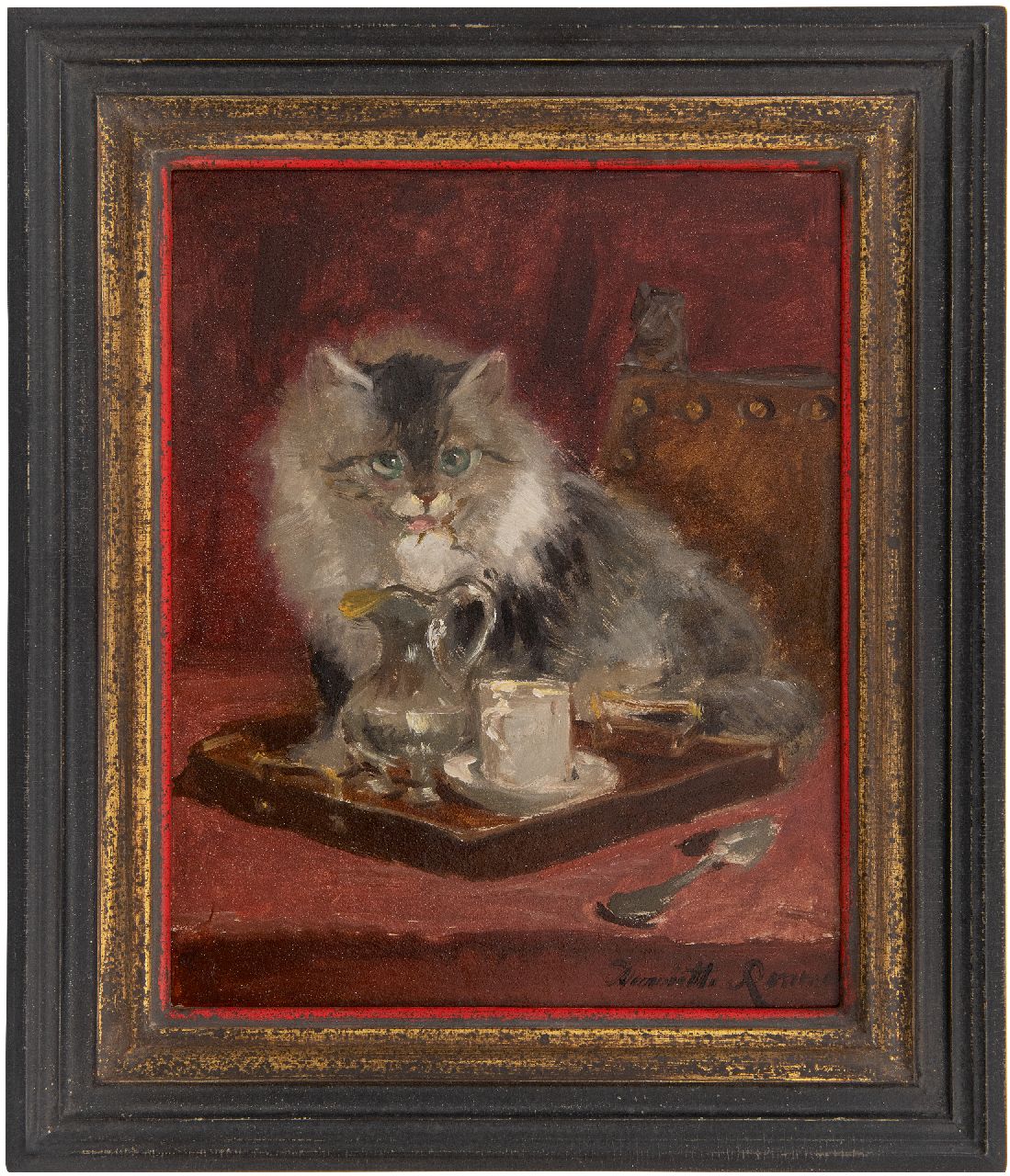 Ronner-Knip H. | Henriette Ronner-Knip, Poes bij dienblad met kan en kopje, olieverf op schildersboard 31,9 x 25,6 cm, gesigneerd rechtsonder Ronner-Knip H. | Henriette Ronner-Knip, Poes bij dienblad met kan en kopje, olieverf op schildersboard 31,9 x 25,6 cm, gesigneerd rechtsonder