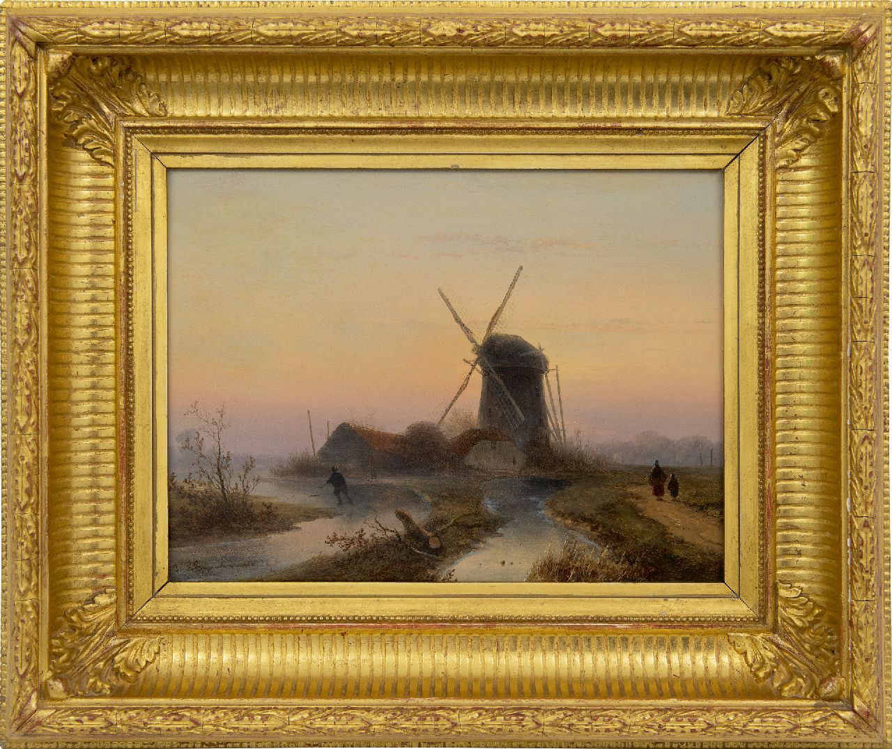 Hoppenbrouwers J.F. | Johannes Franciscus Hoppenbrouwers, Molens aan een bevroren vaart, olieverf op paneel 24,0 x 32,1 cm, gesigneerd linksonder Hoppenbrouwers J.F. | Johannes Franciscus Hoppenbrouwers, Molens aan een bevroren vaart, olieverf op paneel 24,0 x 32,1 cm, gesigneerd linksonder