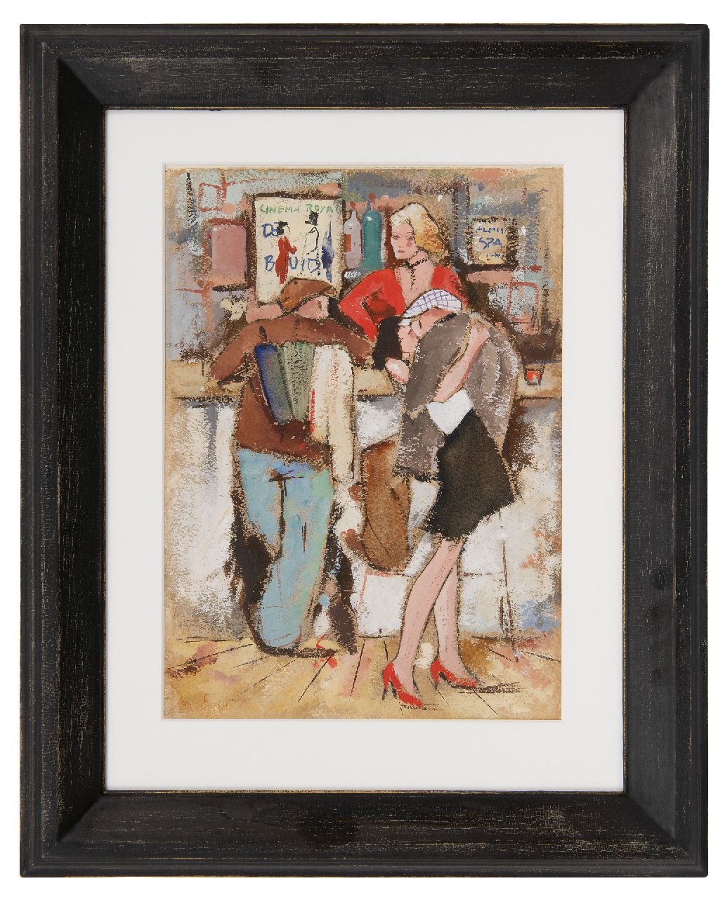 Rijlaarsdam J.  | Jan Rijlaarsdam | Aquarellen en tekeningen te koop aangeboden | Aan de bar, gouache op papier 33,1 x 24,1 cm, gesigneerd linksonder (vaag)