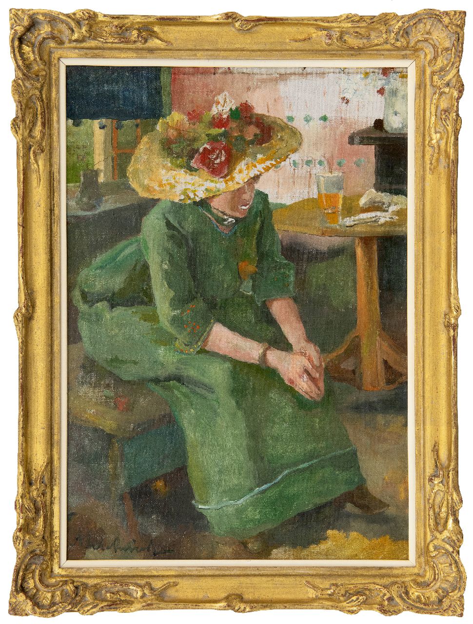Rivière A.P. de la | Adrianus Philippus 'Adriaan' de la Rivière, Vrouw in groene jurk, olieverf op doek 40,3 x 28,3 cm, gesigneerd linksonder Rivière A.P. de la | Adrianus Philippus 'Adriaan' de la Rivière, Vrouw in groene jurk, olieverf op doek 40,3 x 28,3 cm, gesigneerd linksonder