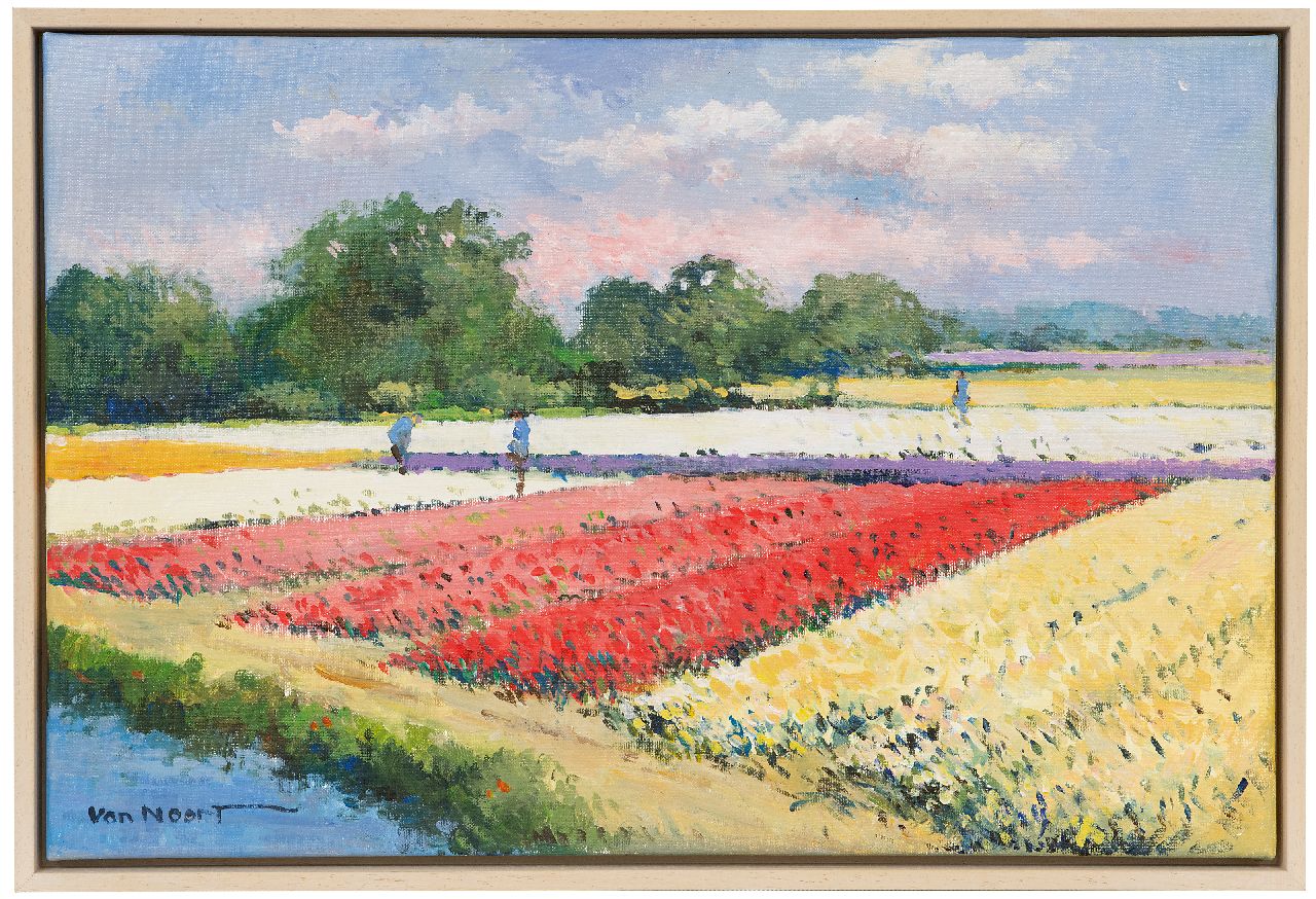 Noort A.C. van | Adrianus Cornelis van Noort, Mannen aan het werk in de bollenvelden, olieverf op doek 40,3 x 60,3 cm, gesigneerd linksonder