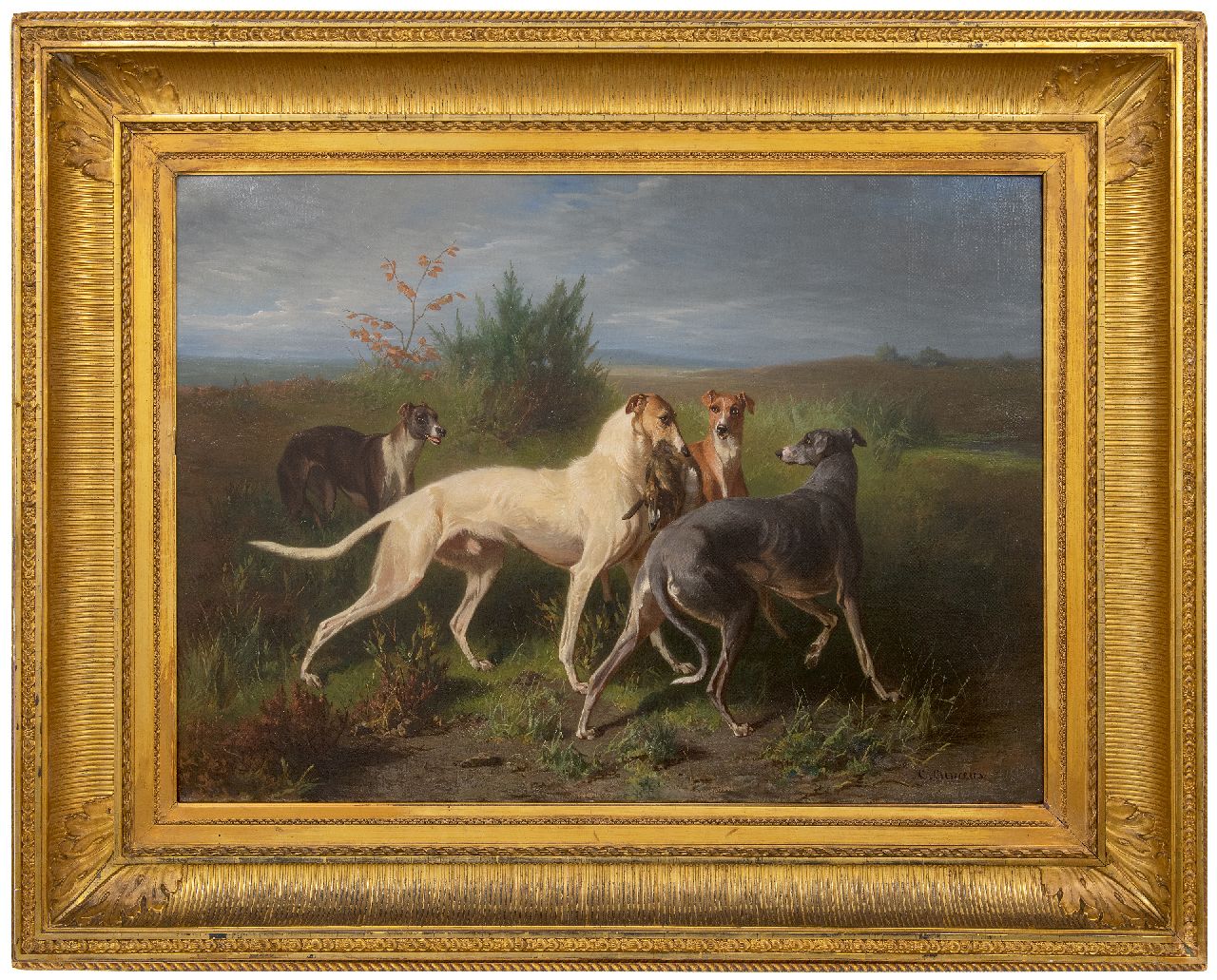 Cunaeus C. | Conradijn Cunaeus, Jachthonden met een prooi, olieverf op doek 65,2 x 90,2 cm, gesigneerd rechtsonder Cunaeus C. | Conradijn Cunaeus, Jachthonden met een prooi, olieverf op doek 65,2 x 90,2 cm, gesigneerd rechtsonder