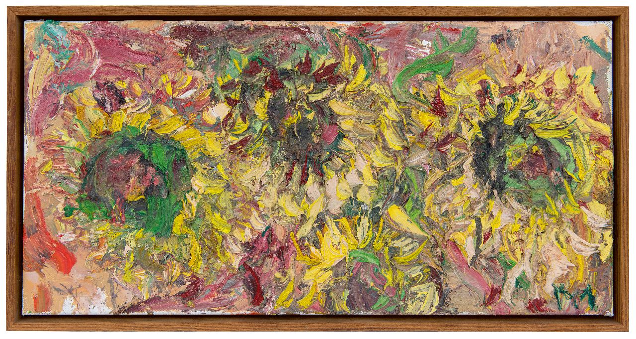 Mulders M.M.M.  | Marcus Martinus Maria 'Marc' Mulders | Schilderijen te koop aangeboden | Zonnebloemen Herfst II, olieverf op doek 30,2 x 60,0 cm, gesigneerd verso en verso gedateerd sept. 97