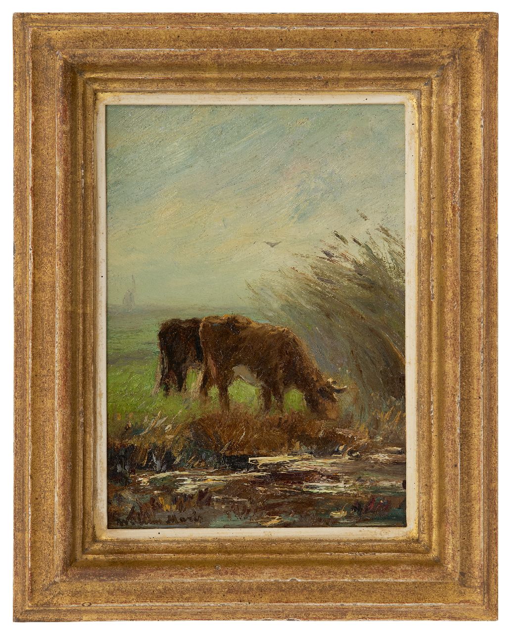 Maris W. | Willem Maris, Grazende koeien langs een sloot, olieverf op schildersboard 24,6 x 17,2 cm, gesigneerd linksonder Maris W. | Willem Maris, Grazende koeien langs een sloot, olieverf op schildersboard 24,6 x 17,2 cm, gesigneerd linksonder