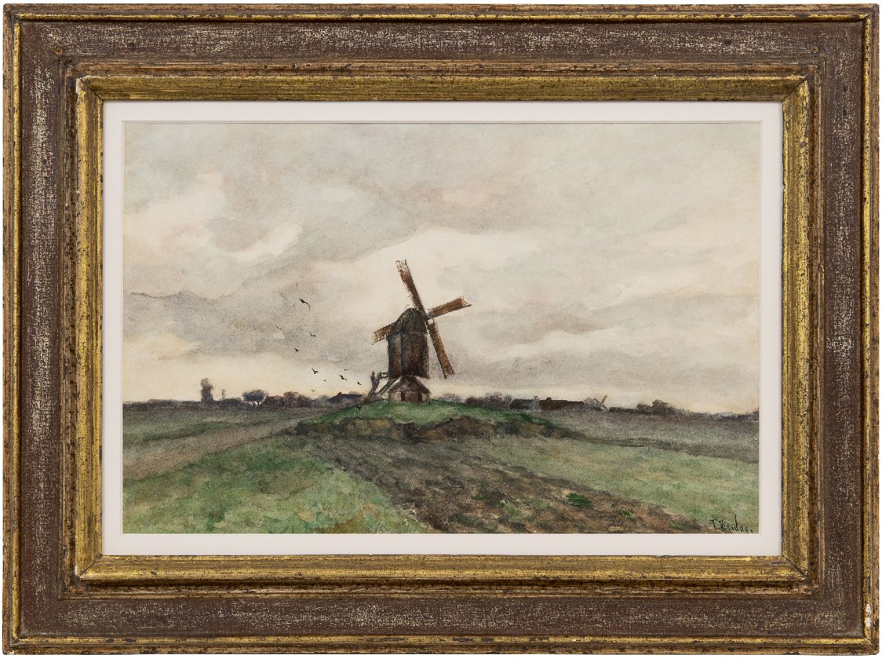 Mesdag T.  | Taco Mesdag | Aquarellen en tekeningen te koop aangeboden | Molen in Drents landschap, aquarel op papier 35,5 x 52,0 cm, gesigneerd rechtsonder