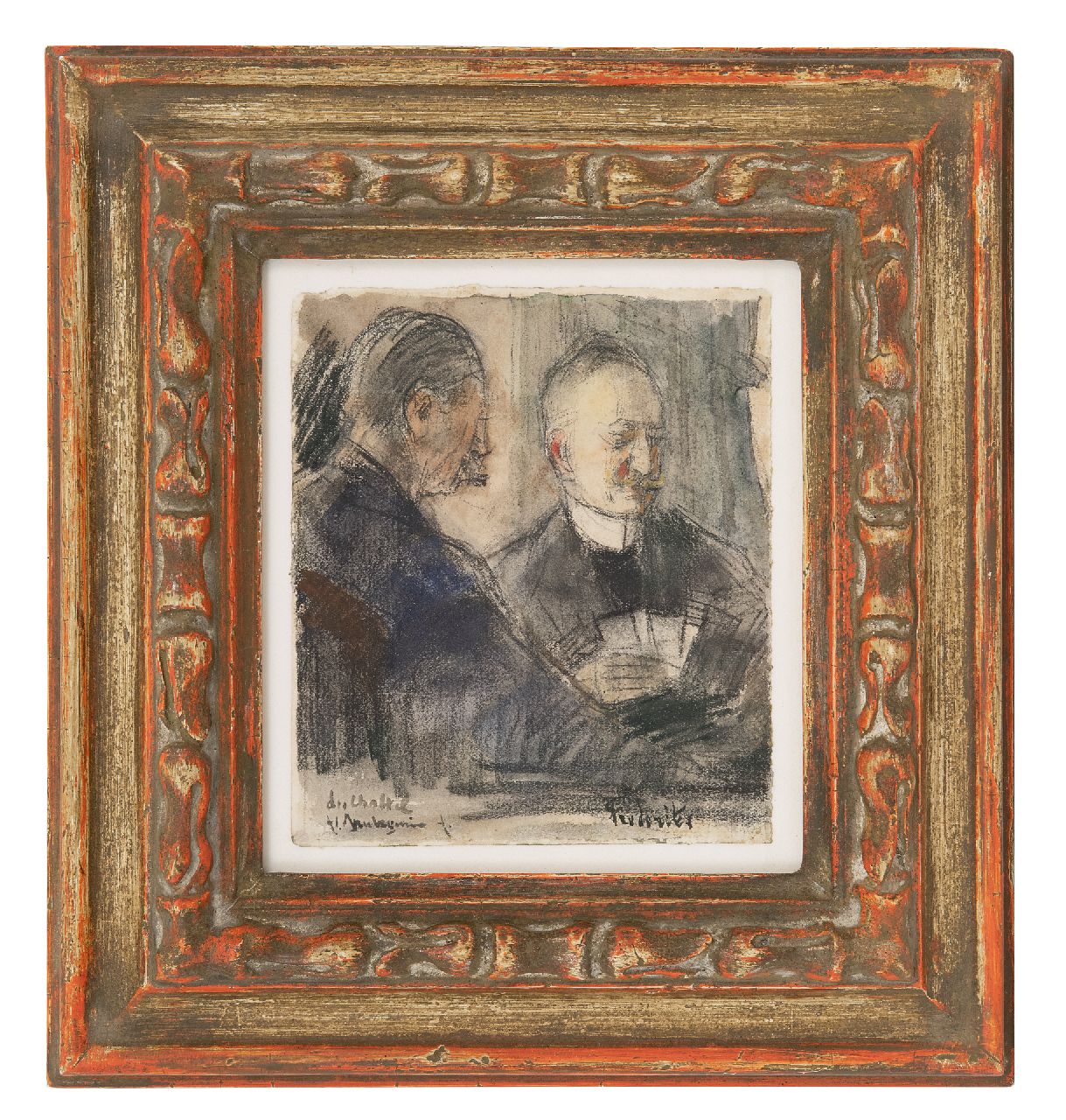 Arntzenius P.F.N.J.  | Pieter Florentius Nicolaas Jacobus 'Floris' Arntzenius | Aquarellen en tekeningen te koop aangeboden | F.J. van Rossum du Chattel en J.A. Frederiks aan het kaarten in Pulchri, krijt en aquarel op papier 13,7 x 11,6 cm, gesigneerd linksonder