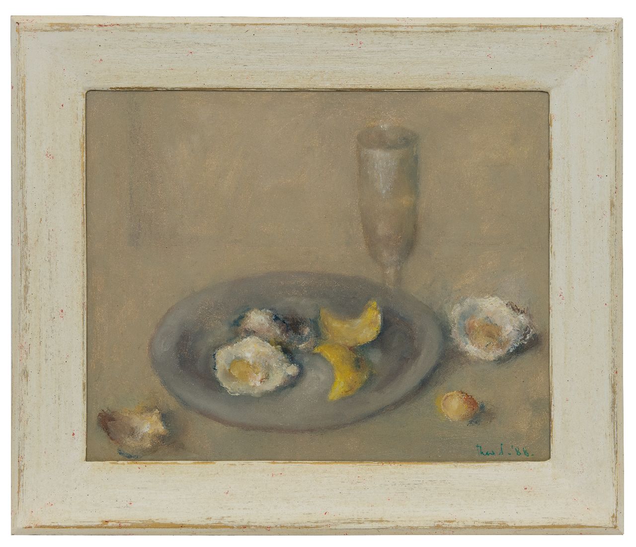 Swagemakers T. | Theo Swagemakers, Stilleven met oesters en citroenschillen op een tinnen bord, olieverf op paneel 39,5 x 49,4 cm, gesigneerd rechtsonder en gedateerd '88 Swagemakers T. | Theo Swagemakers, Stilleven met oesters en citroenschillen op een tinnen bord, olieverf op paneel 39,5 x 49,4 cm, gesigneerd rechtsonder en gedateerd '88