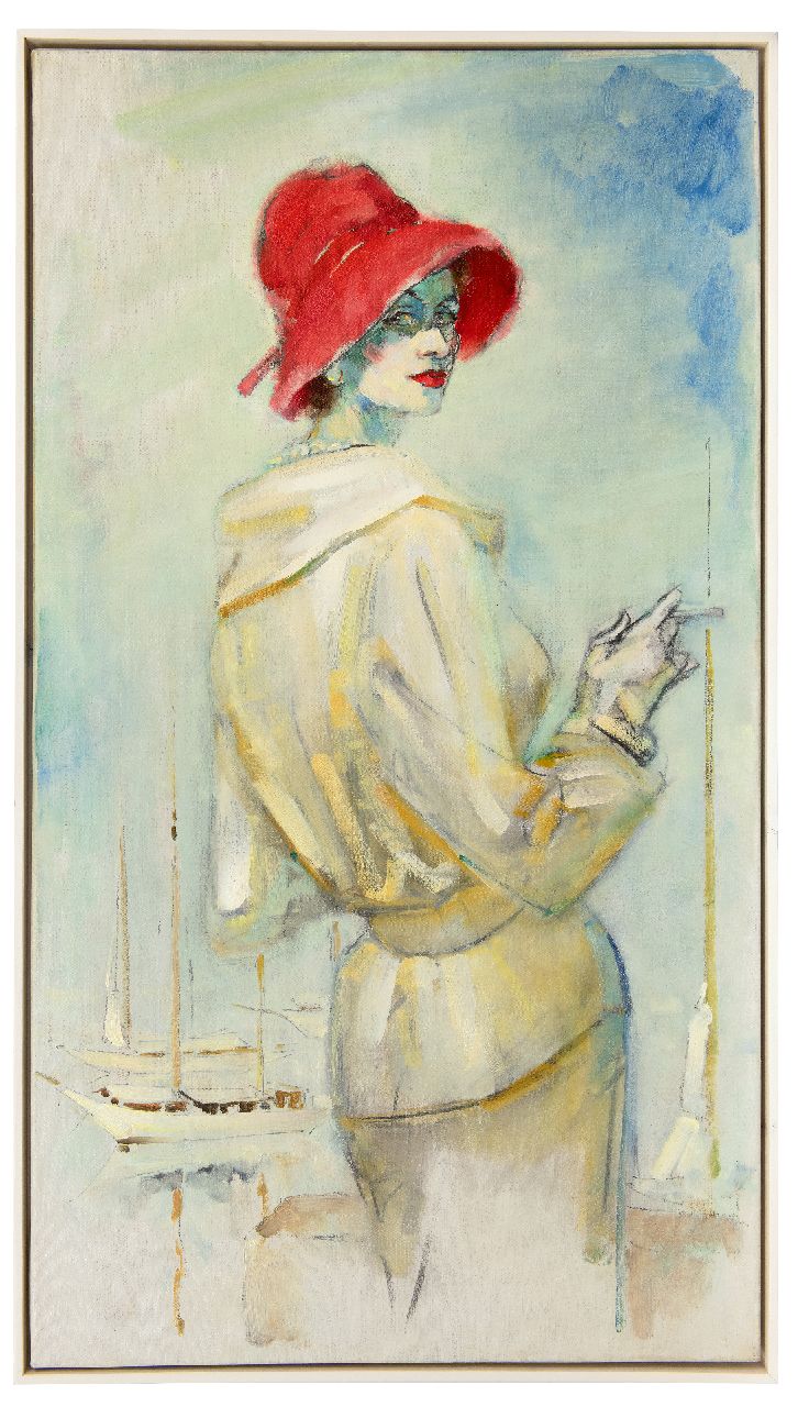Kruizinga D. | Dirk Kruizinga | Schilderijen te koop aangeboden | Modieuze vrouw met rode hoed, olieverf op doek 109,8 x 60,3 cm Kruizinga D. | Dirk Kruizinga | Schilderijen te koop aangeboden | Modieuze vrouw met rode hoed, olieverf op doek 109,8 x 60,3 cm