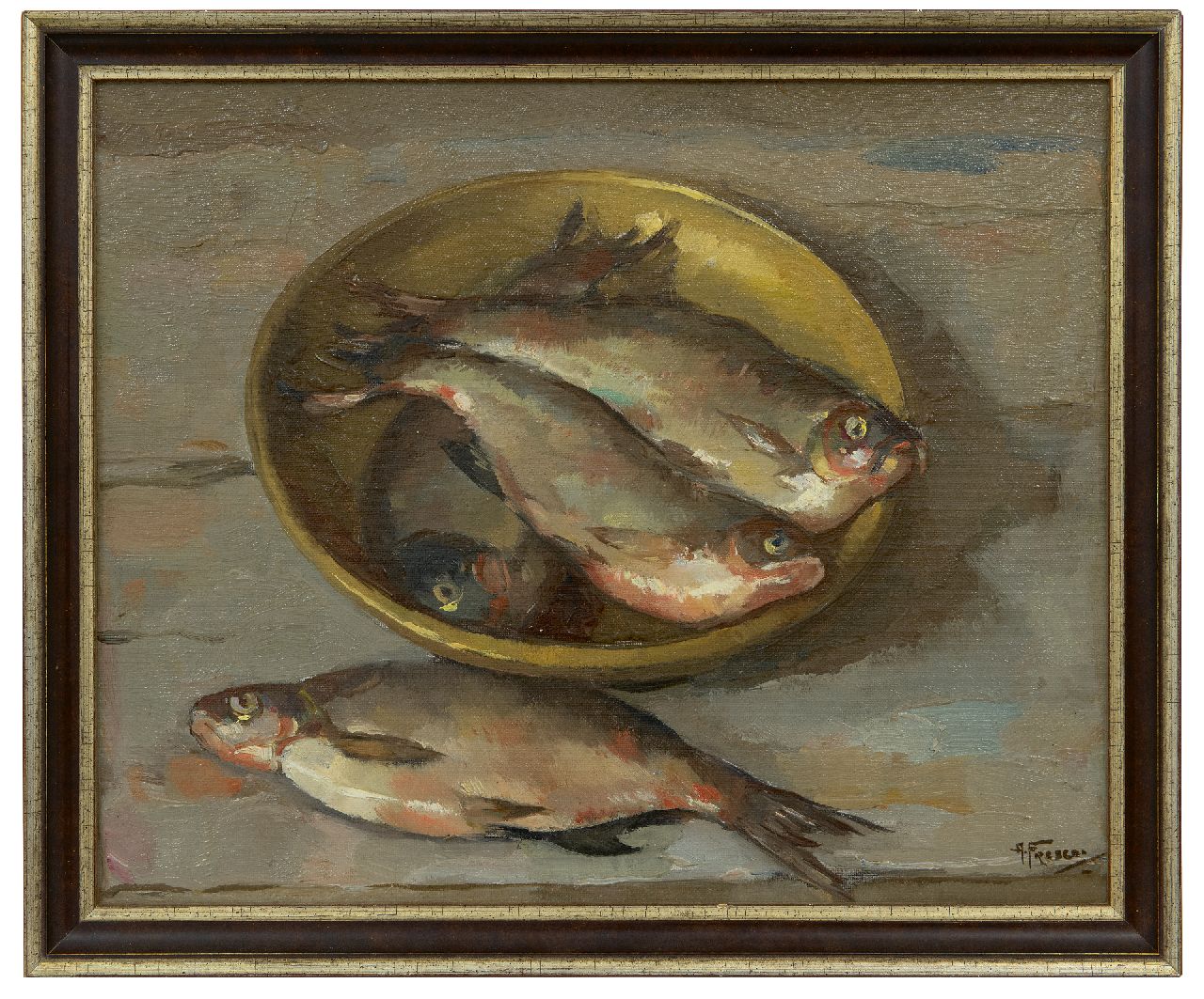 Fresco A. | Abraham Fresco, Haringen in een schaal, olieverf op doek 33,2 x 40,6 cm, gesigneerd rechtsonder Fresco A. | Abraham Fresco, Haringen in een schaal, olieverf op doek 33,2 x 40,6 cm, gesigneerd rechtsonder